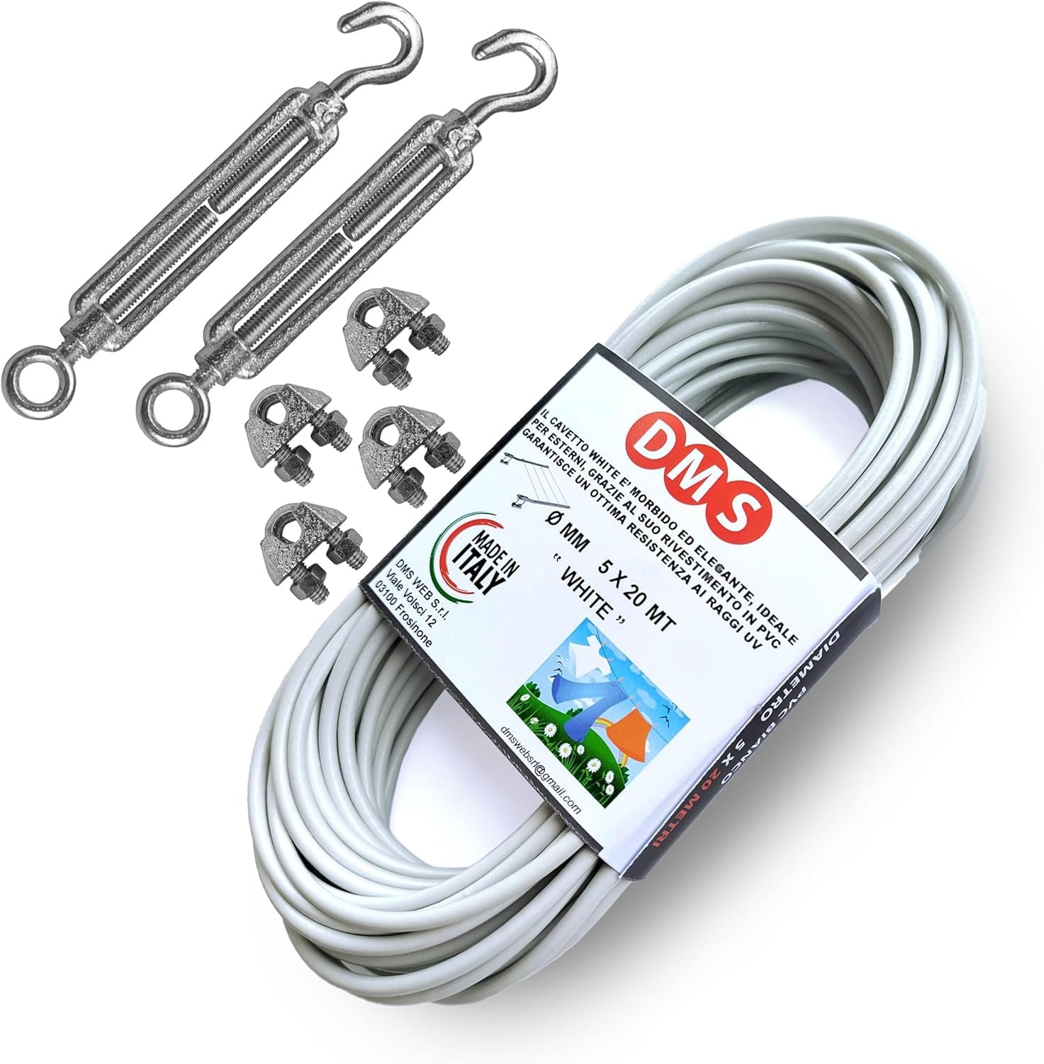 DMS Hilo para tender la ropa de exterior, 20 m x 4,5 mm de diámetro, resistente, cable de acero revestido, tendedero fabricado en Italia (20 m)