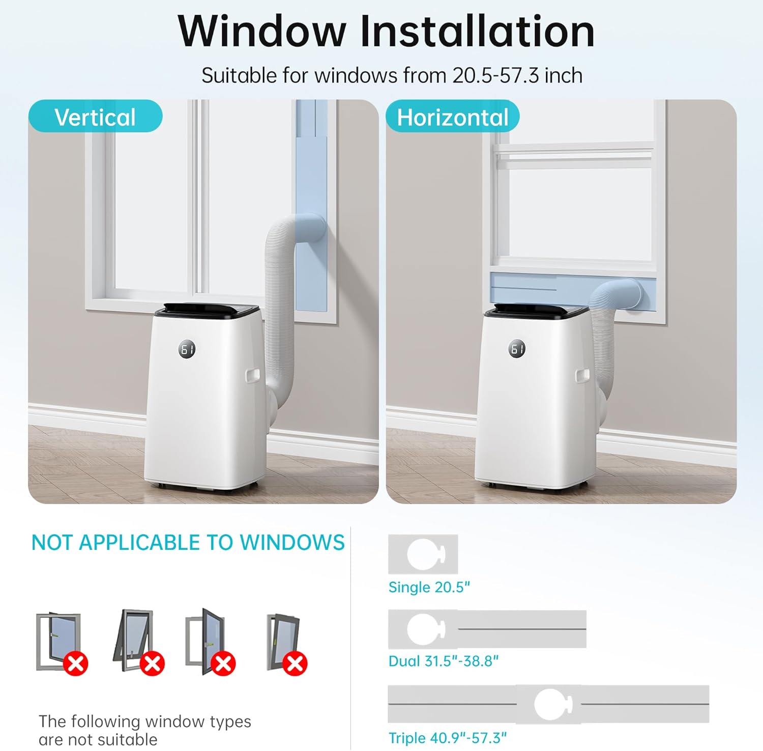 Diagram illustrating vertical and horizontal window installation for the DOMANKI portable air conditioner exhaust hose.