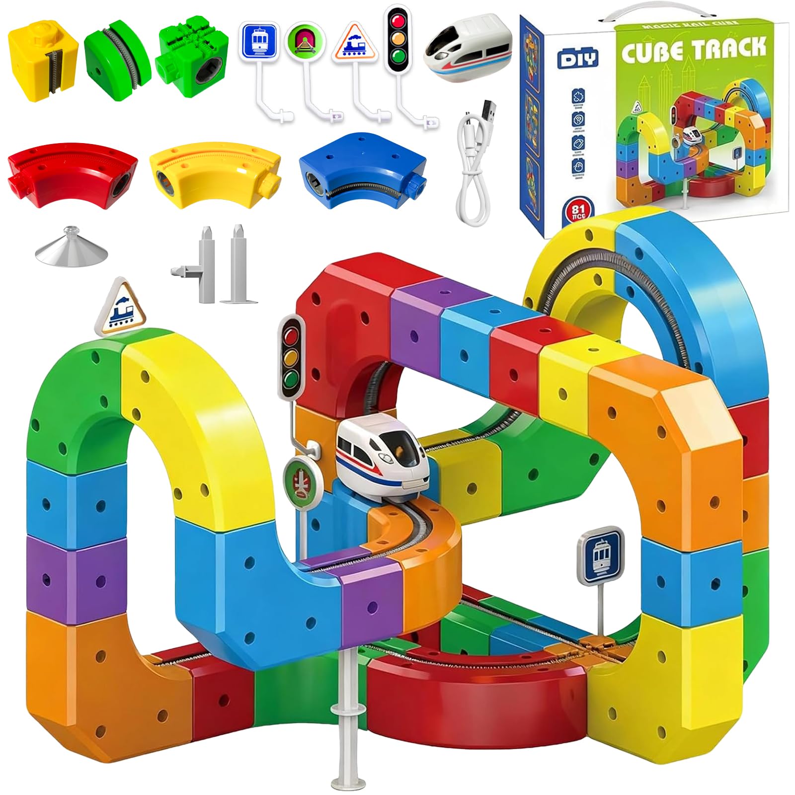 Hyhuiyin Clickrail Electric Train Set, 81PCS 3D Racing Cube Track Set with Electric Train DIY Cube Track Magic Rail Cube Train Set with Gravity-Defying Motorized Train STEM Trains Toy for Kids Adults