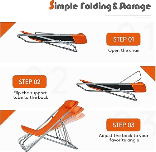 Miniatura 7 de COSTWAY Juego de 2 sillas de playa portátiles de 3 posiciones con reposacabezas naranja