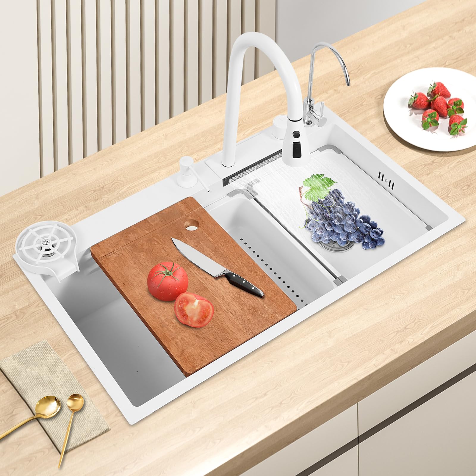 Fregadero de cocina cascada de acero inoxidable, 80 x 46 cm, 1 seno, multifunción, con grifo extraíble, juego completo de accesorios (blanco, 80 x 46 x 22 cm)