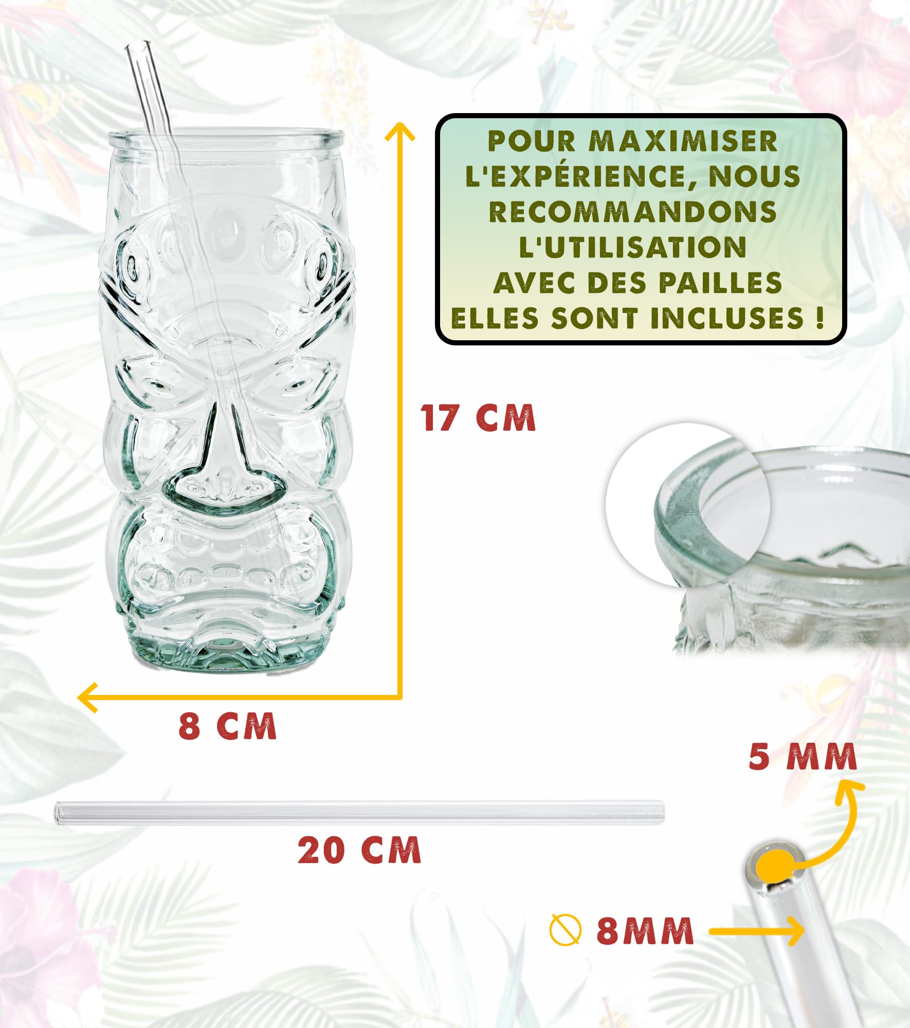 Verres Tiki pour Cocktails et Sangria - Gobelet Long en Verre Recyclé 500 ml - pour Boissons Froides, Bacardi, et Enfants