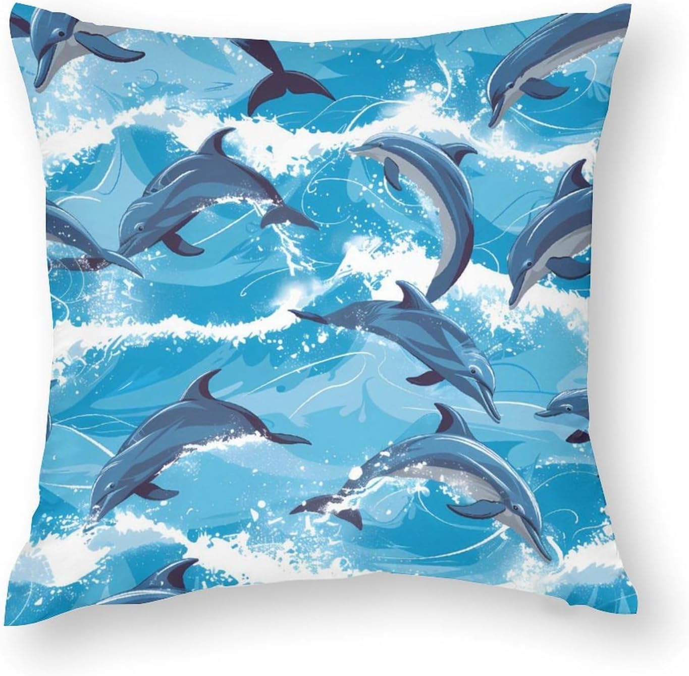 Dolphins in Waves Printed Throw Pillow Case 4 Pcs Soft Pillowcases Pillows Covers Sofa Bed Decor 12/14/16/17/18/20/22/24/32 Inches