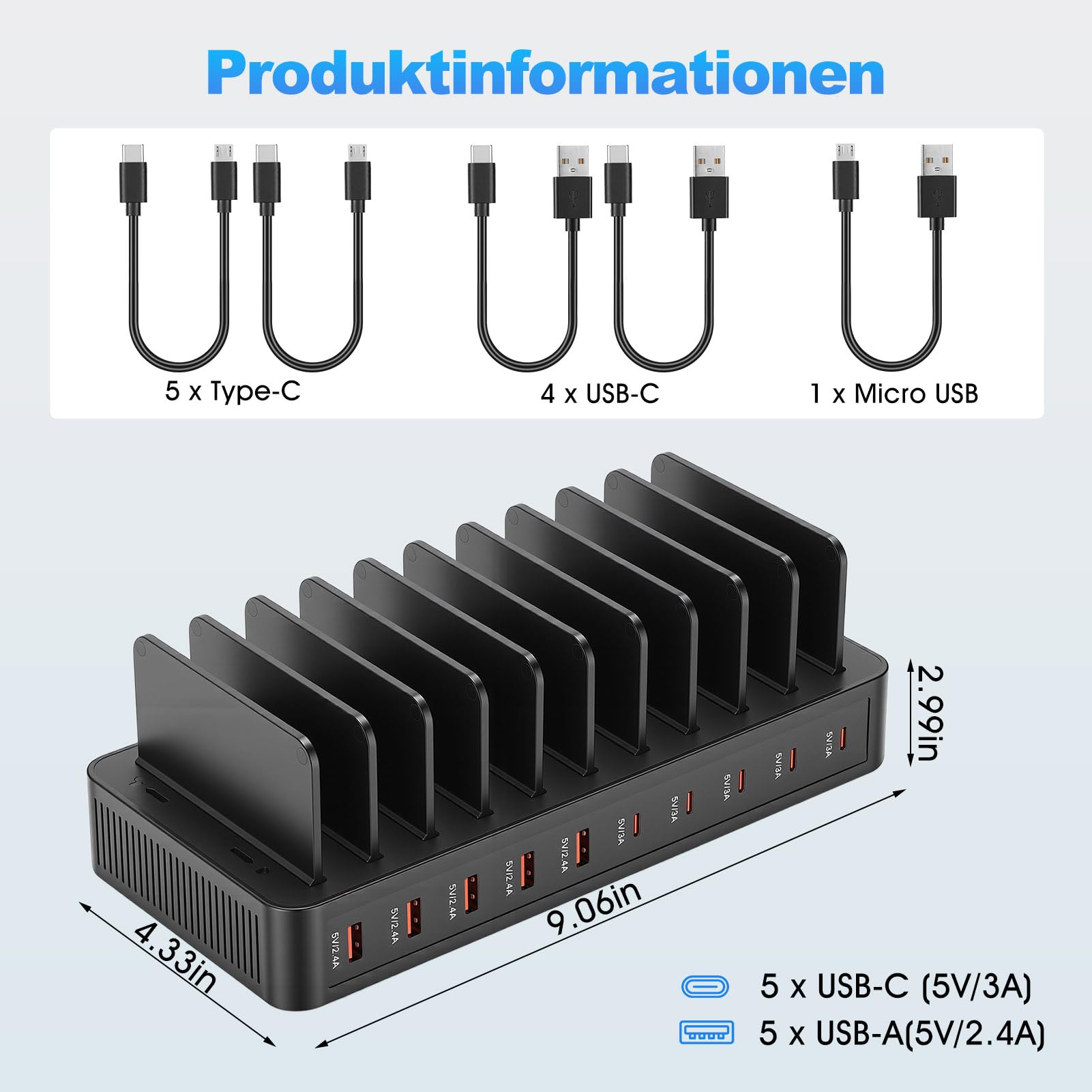 USB Ladestation Mehrere Geräte,10 Ports Ladegerät mit Trennwänden,Schwarz