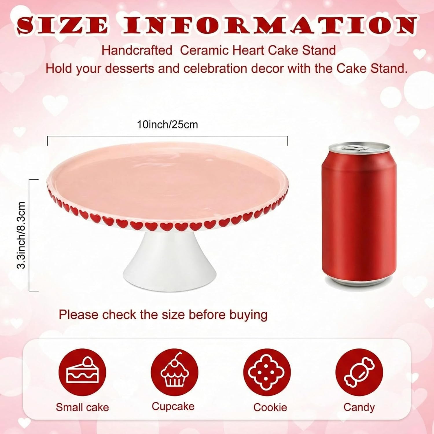 Lallisa 10" Ceramic Heart Cake Stand Pink Round Dessert Plate with Red Heart Edges Wedding Cake Pedestal Stand Display for Valentine's Day Birthday Wedding Party Decorating