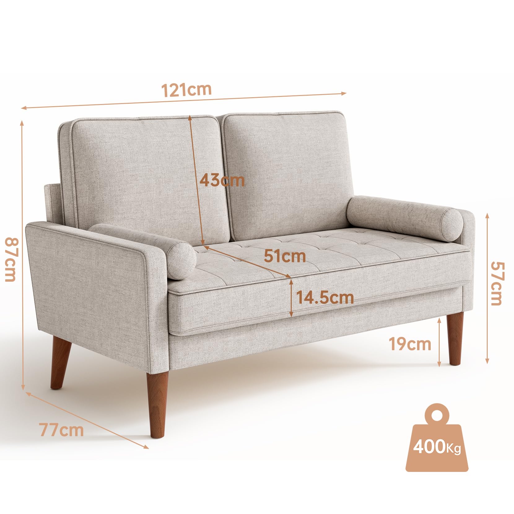 Vesgantti Sofa 2-Sitzer, 121 cm, Stoffcouch, Beigegrau, Couch 2 Sitzer mit 2 Wurfkissen, Kleine Stoffcouch mit Armlehne, Knöpfe Sitzkissen Gästesofa für Wohnzimmer/Wohnung/Büro
