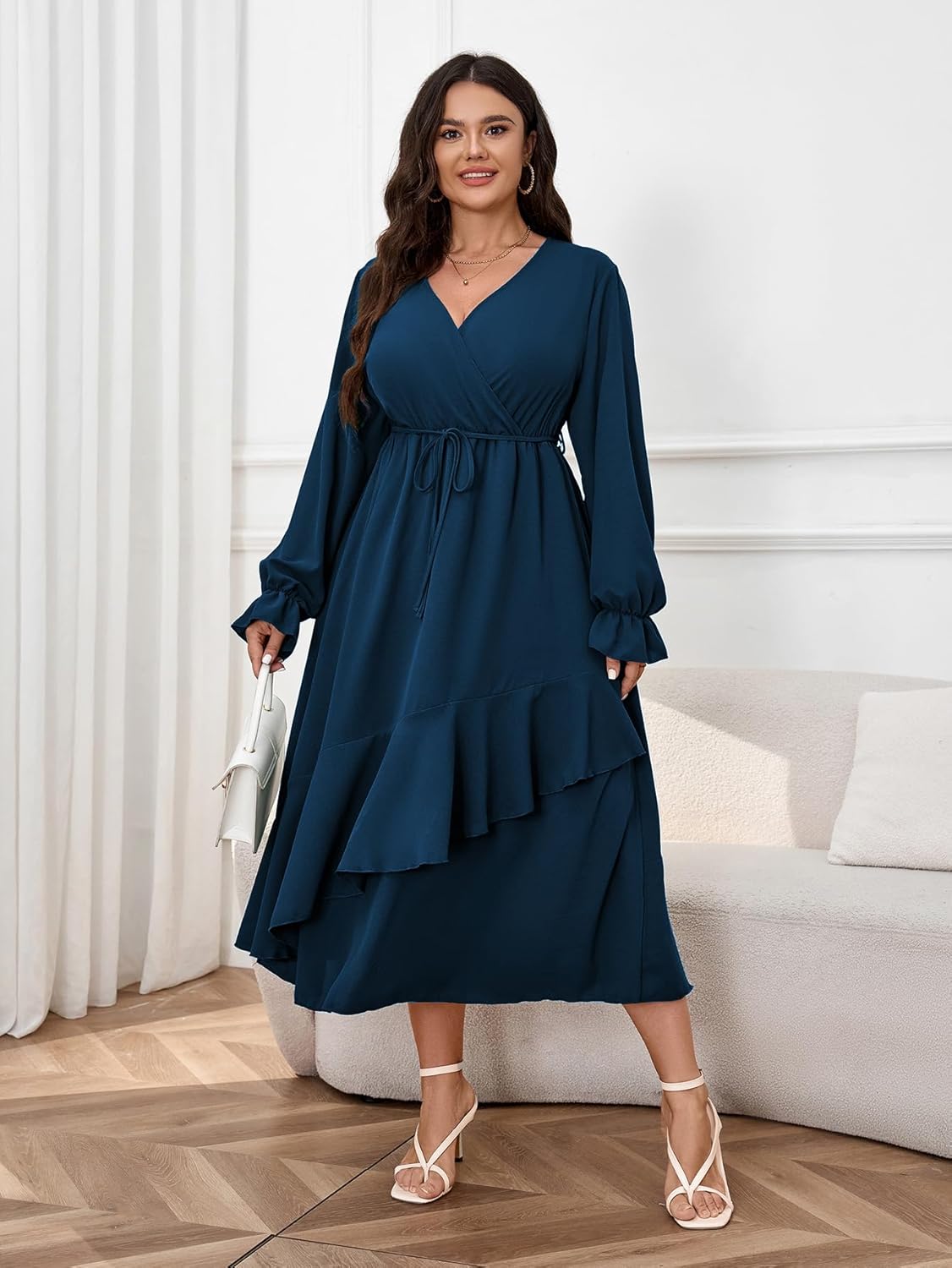 Womens Plus Size Wedding Guest Cocktail Maxi Dress Faux Wrap V Neck Long Sleeve Ruffle Hem Split Long Dress - Image 5