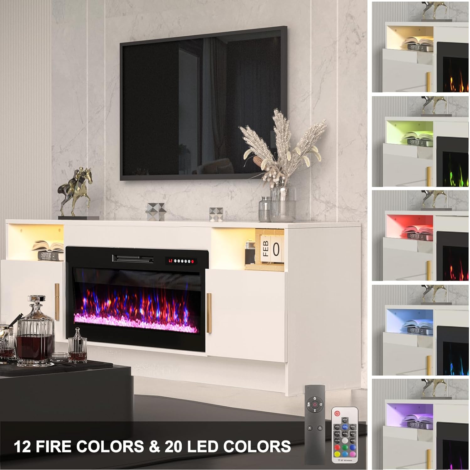 White Electric Fireplace TV Stand with Led Lights-Entertainment Center for Up to 80 inch TV-Modern TV Console for Living Room with Storage Cabinet