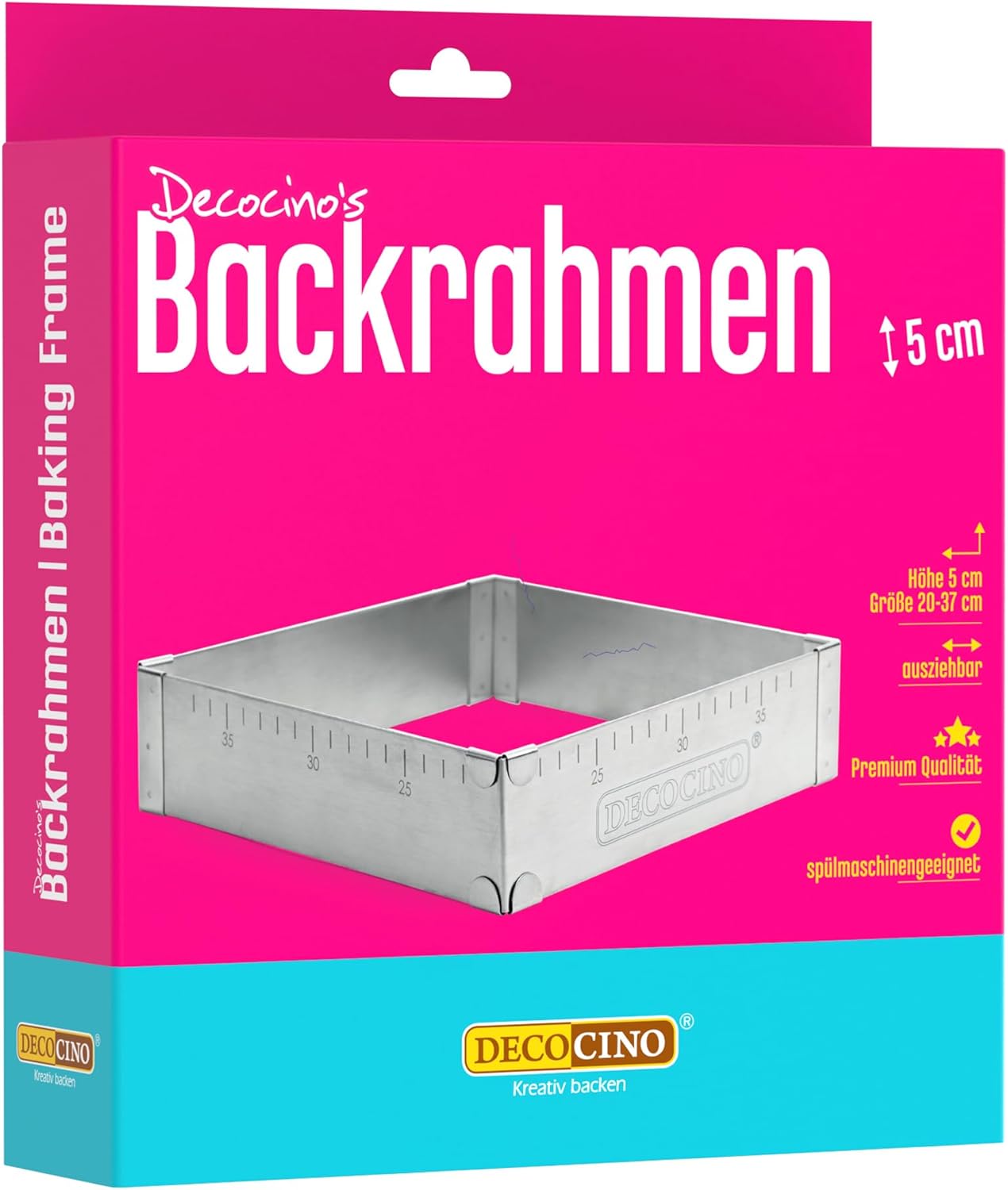 Decocino Baking Frame - Extendable - Stainless Steel Cake Tin 5cm High - Ideal for Baking, Shaping & Layering Birthday Cakes, Wedding Cakes