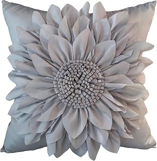 3D Sunflower Decorative Throw Pillow Covers for Bed Sofa Couch Car, Accent Floral Taffeta Cushion Cover, Handmade Pillow Cases Living Room Decor, 17x17 Inch-Gray/Silver