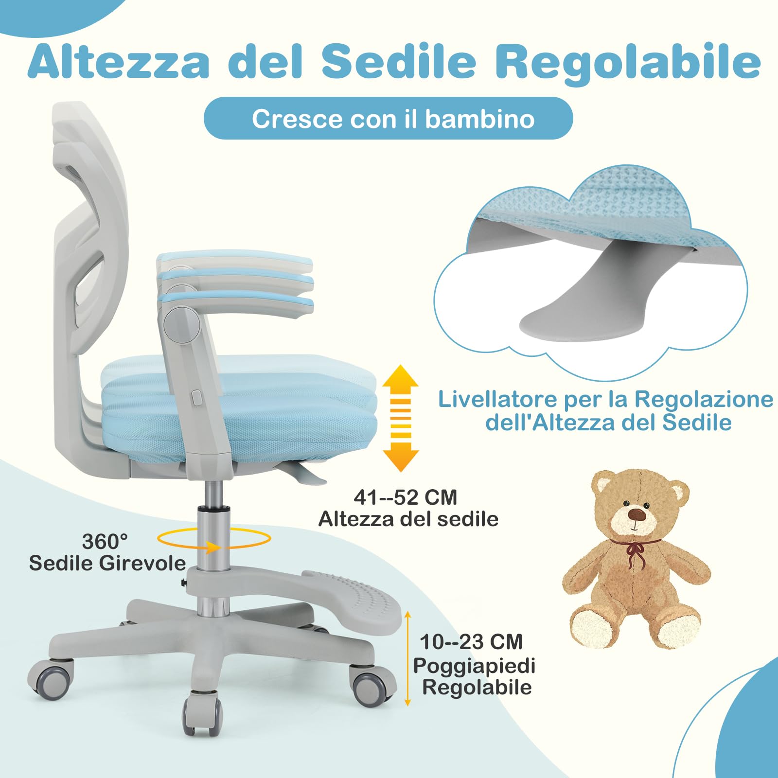 COSTWAY Sedia da Scrivania Bambini Girevole, Altezza Regolabile, Sedia da Studio per Ragazzi con Braccioli a Ribalta e Poggiapiedi, Poltrocina in Rete per Bambini 3-15 Anni, Portata 150 kg (Blu)