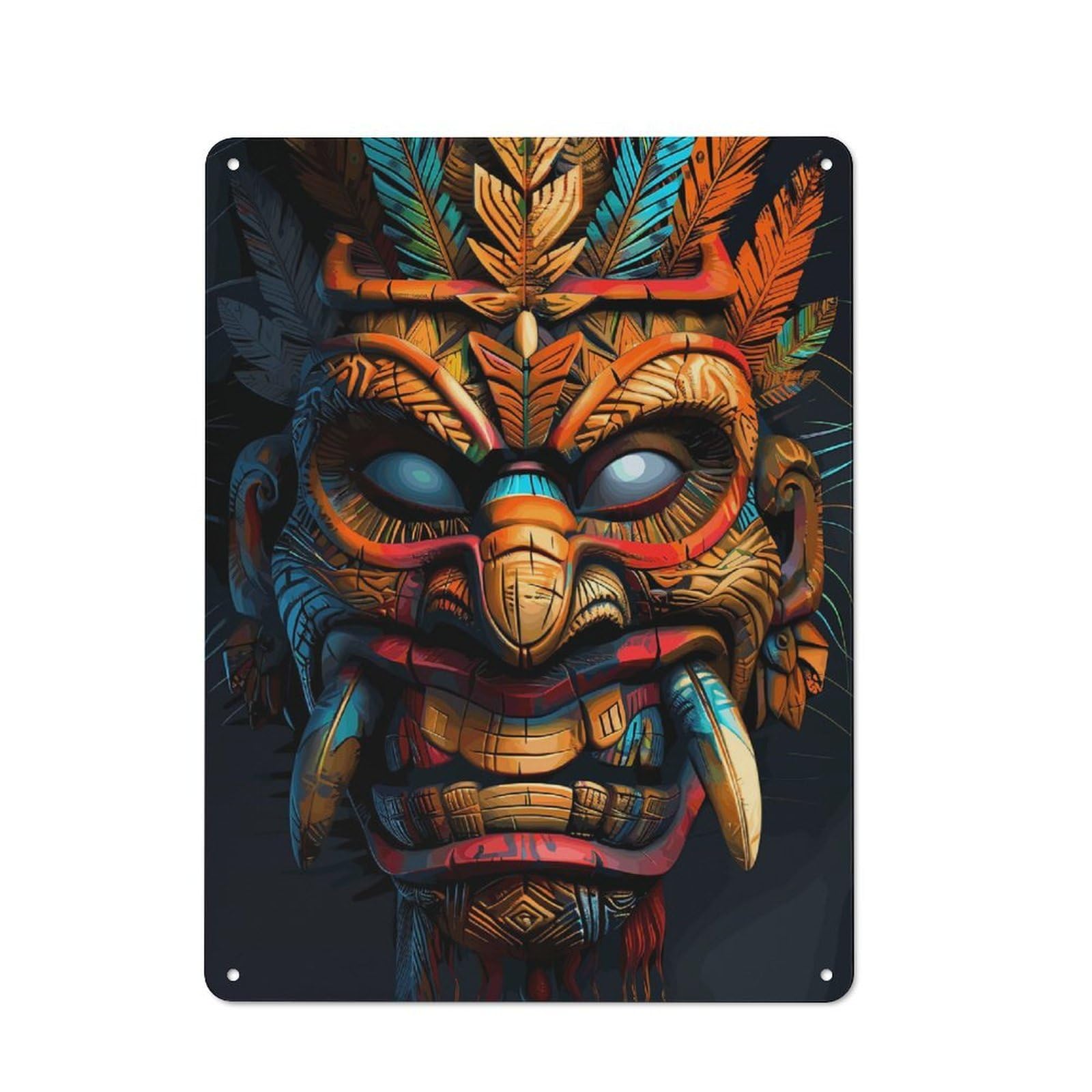 Junmoney Style-21 Indigenous Tribe Tiki Mask Rustic Metal Wall Sign 40X30cm For Bar Or Restaurant, A Decorative Metal Sign For Bars And Restaurants