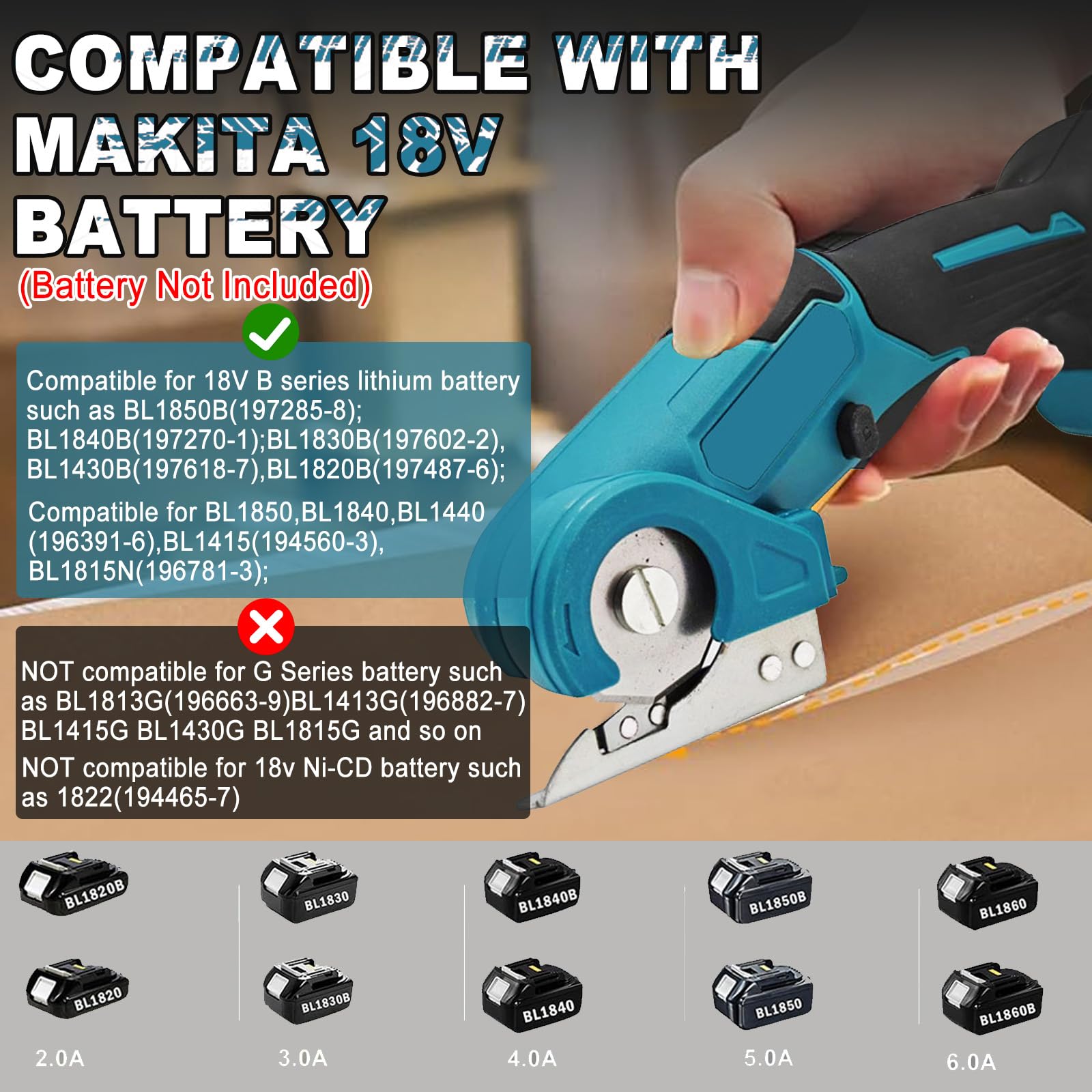 Akku Universalschere Kompatibel mit Makita 18V,Rollschneider für Stoff,mit Sicherheitssperre und 2 Klingen,6mm Schnitttiefe,Kabellose Elektrische Schere,Schneidet Karton,eppich,Leder(ohne Batterie)