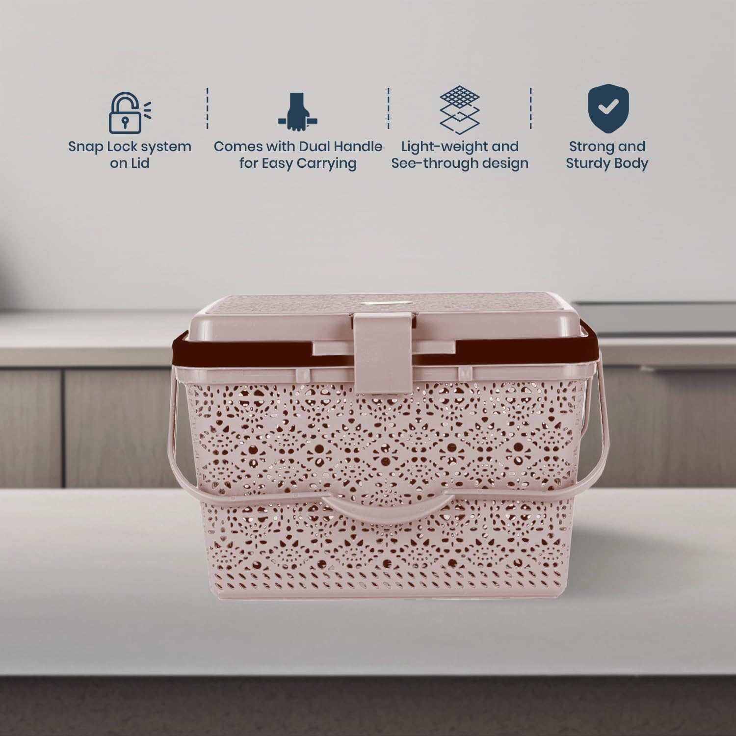 Nayasa Flower Picnic Basket | Plastic Multipurpose Basket with Lid | Sleek & Durable Organizer Basket with Lid | Ideal for Outdoors | Strong & Sturdy Handle | Light Brown