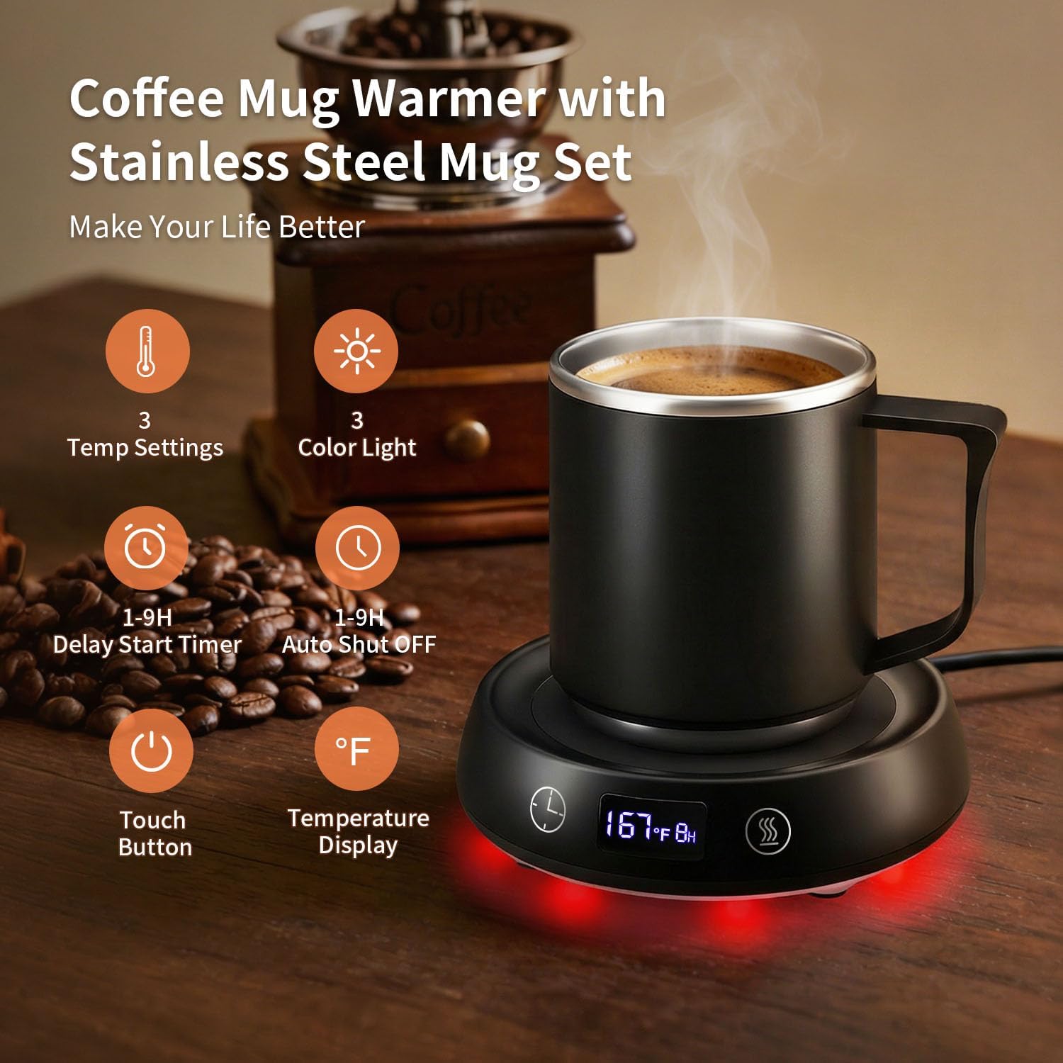 Coffee Mug Warmer & Mug Set, Electric Beverage Cup Warmer for Desk, Candle Warmer Plate with Delay Start Timer, 3 Colored Light Milk Tea Water Warmer for Home Office Birthday Present