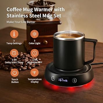 Coffee Mug Warmer & Mug Set, Electric Beverage Cup Warmer for Desk, Candle Warmer Plate with Delay Start Timer, 3 Colored Light Milk Tea Water Warmer for Home Office Birthday Present