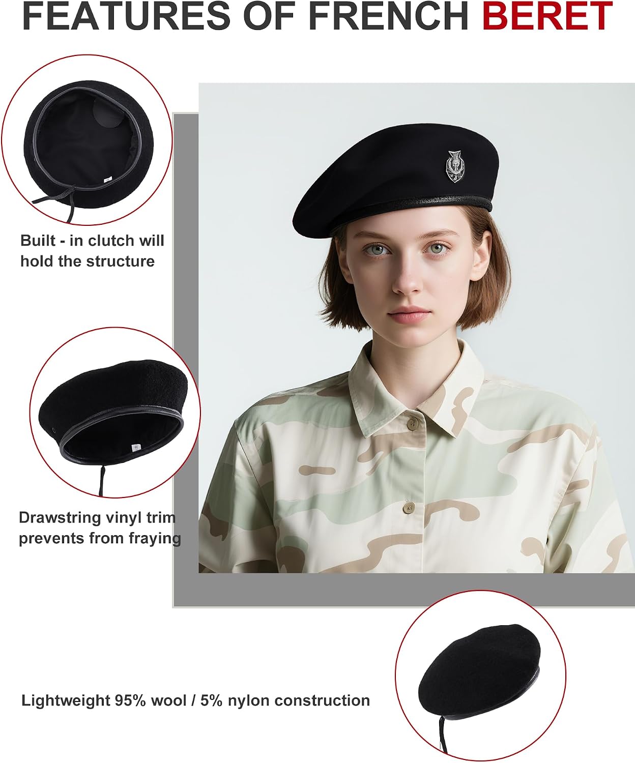 Beret Hats for Women & Beret Hat Men - US Army Style 100% Wool Military Beret, Vintage British Officer Look.
