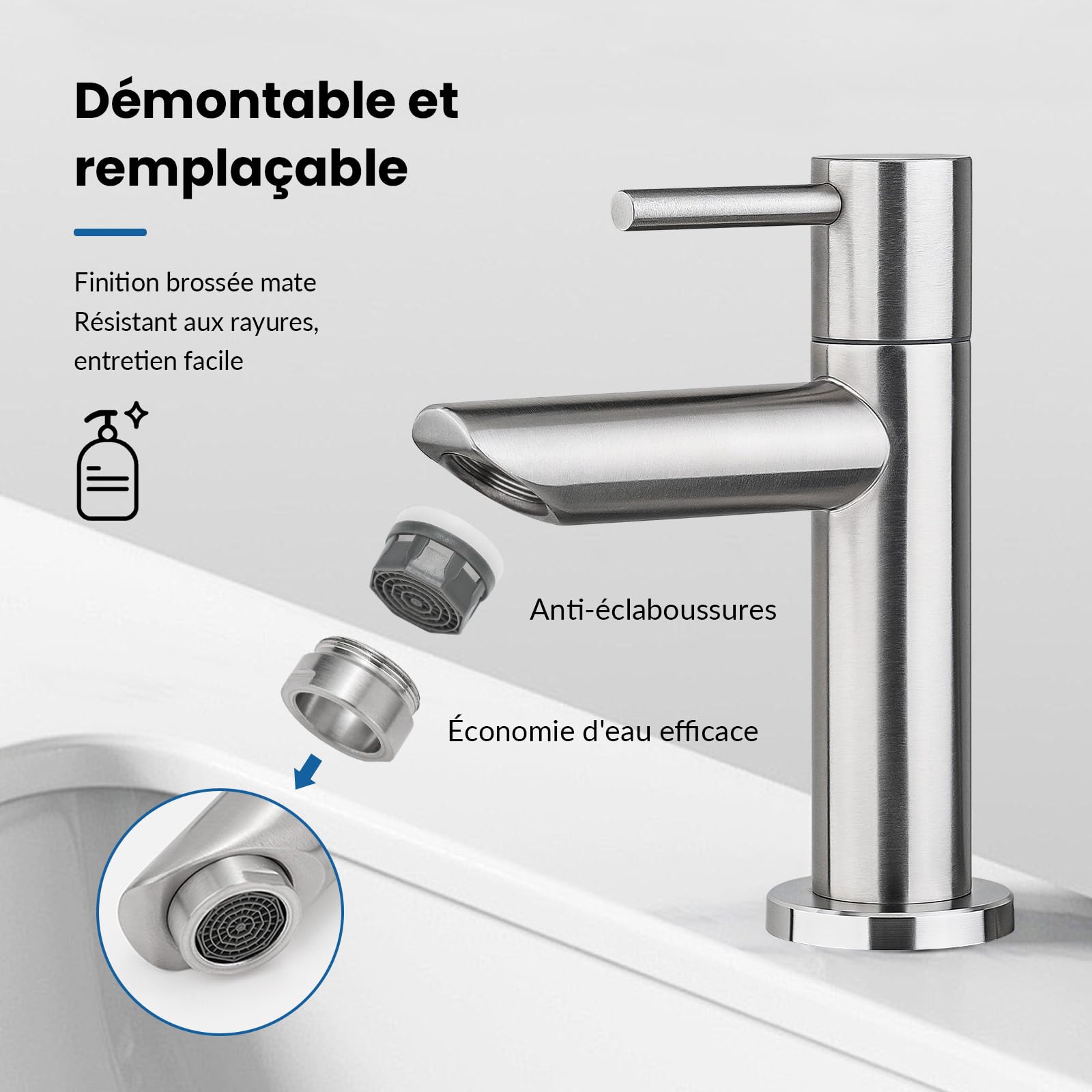 Ibergrif M18103 Mitigeur de lavabo eau froide monocommande acier inoxydable finition brossée