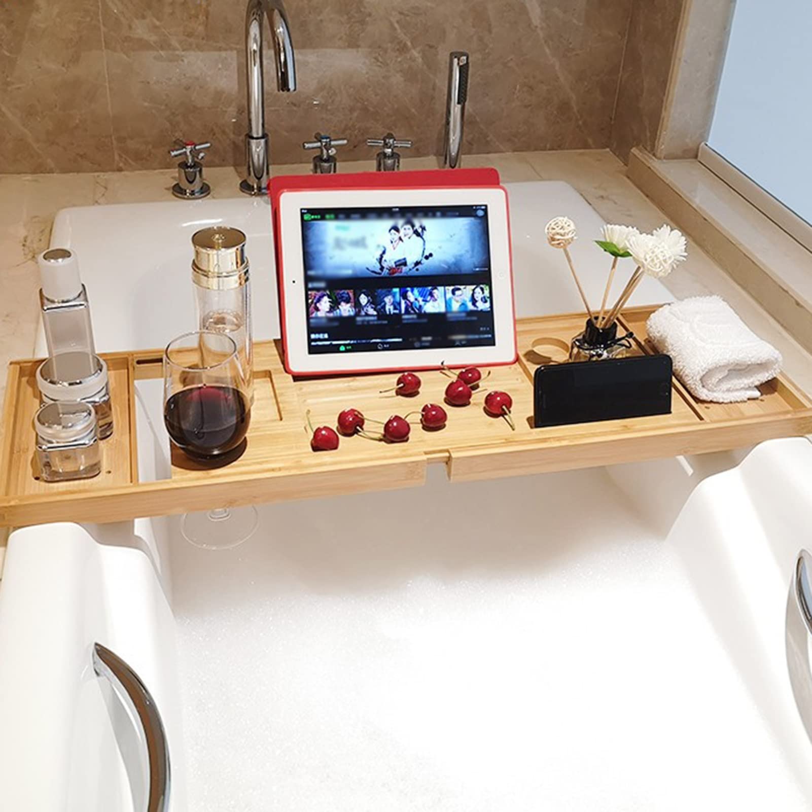 Bandeja de bambú para bañera con estante para libros de lectura/soporte para smartphone, ideal como regalo de spa