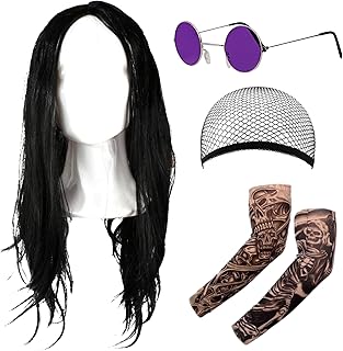 5pcs Rock Star Fancy Dress Set, Ozzy Osborne Costume Accessories with Long Wig Round Glasses Cross Necklace Hair Net and S...