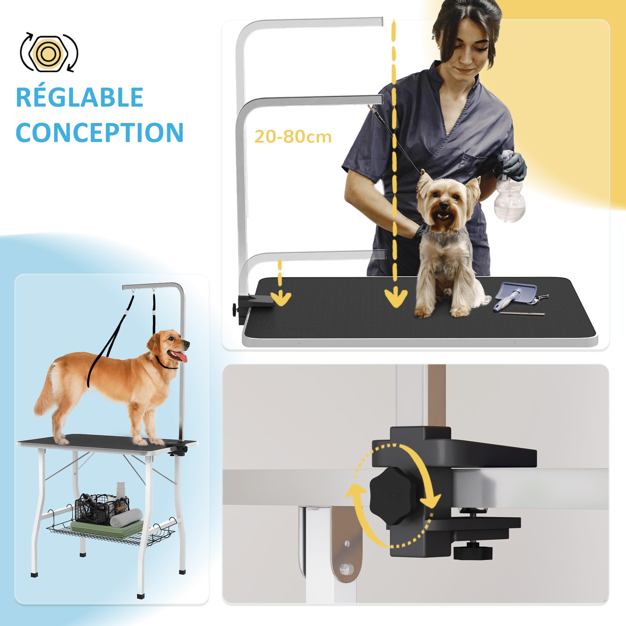 PawHut Table de toilettage pour Chien Pliante 90x60x76cm, Stable - Plateau antidérapant Caoutchouc, 2 Sangles - Potence réglable INOX et Panier - Station d'entretien pour Petits/Moyens Chiens, Noir