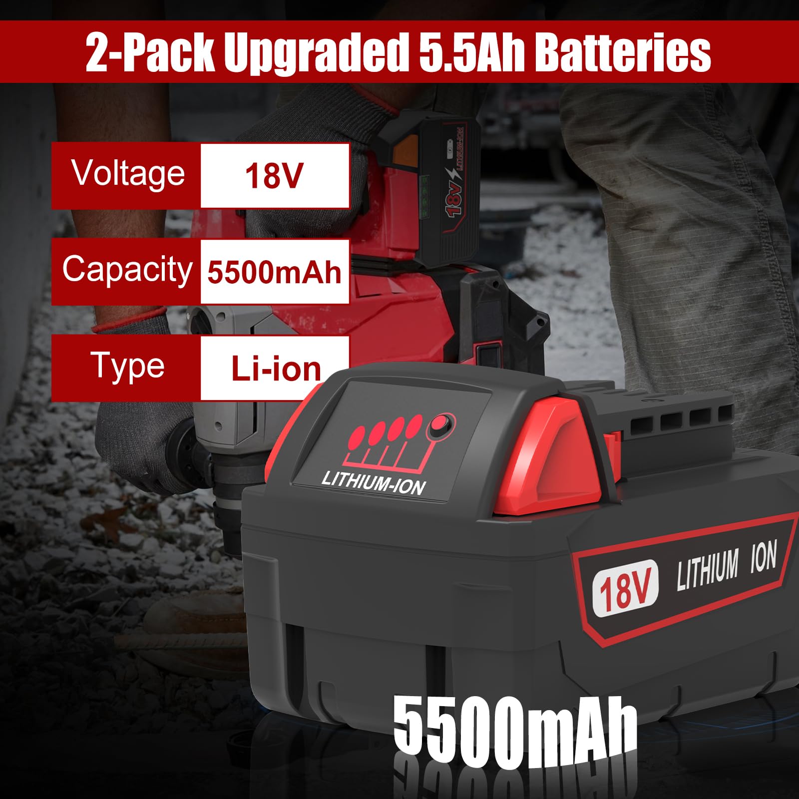 Energup 2X 18V 5.5Ah Batterie de Remplacement pour Milwaukee M18 Batterie 18V 48-11-1850 48-11-1860 48-11-1820 48-11-1830 avec Indicateur LED