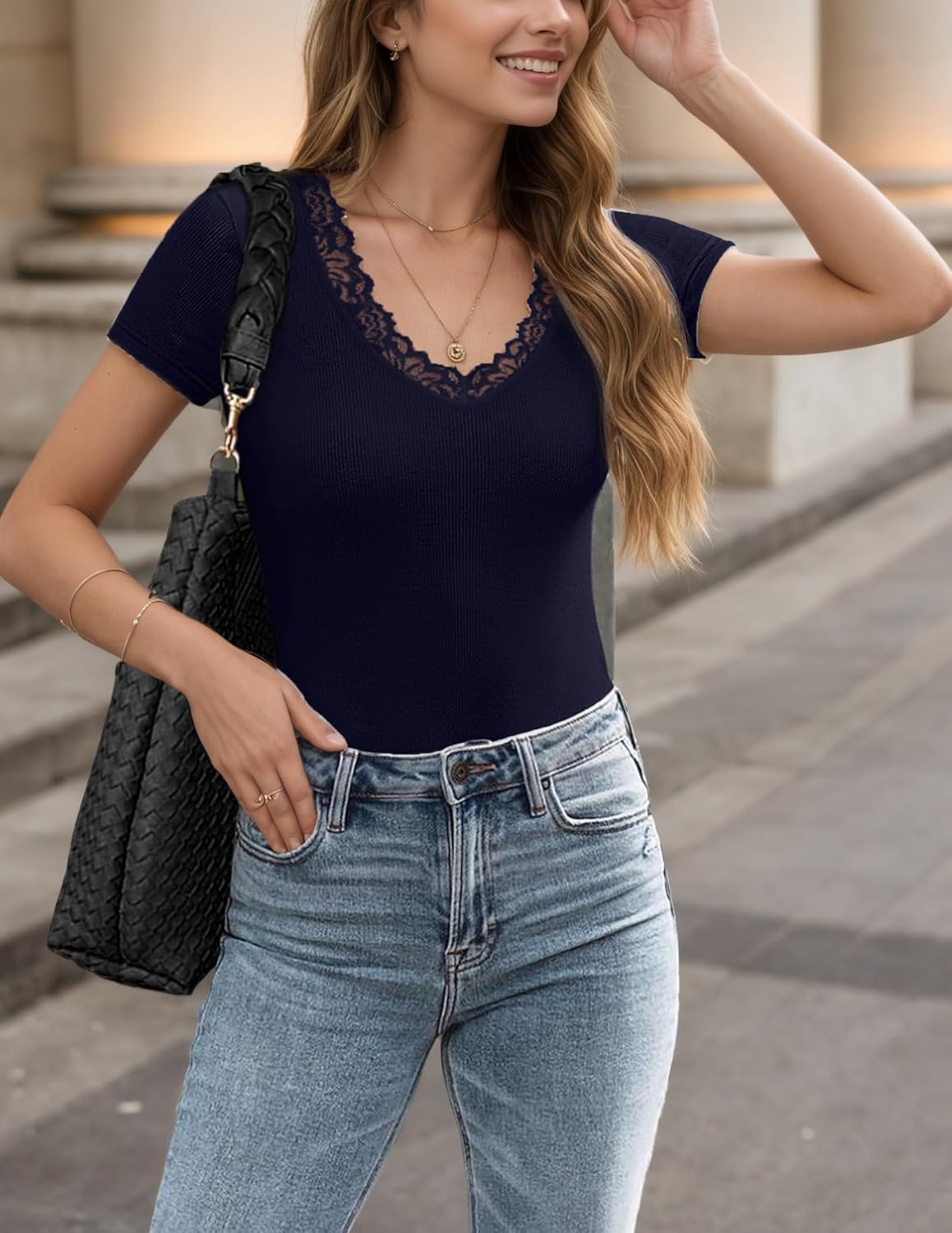 Womens Lace V Neck Tops Short Sleeve Ribbed Knit Top Summer Slim Fit Casual T Shirts Blouse - Image 4