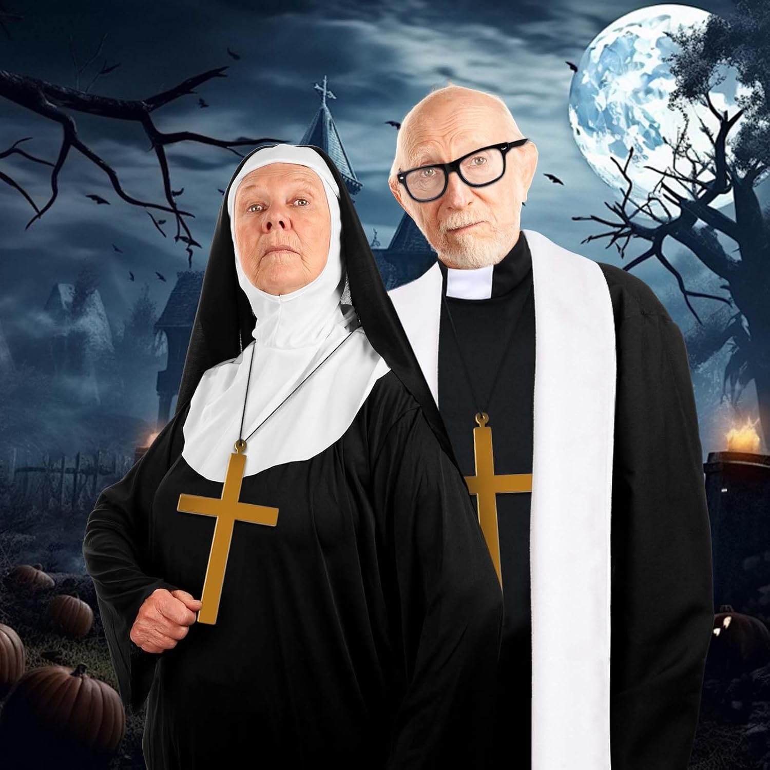 Priest and Nun Couple Costume for Adults Include Robes Stole Socks Glasses Necklaces for Halloween Dress Up - Image 6
