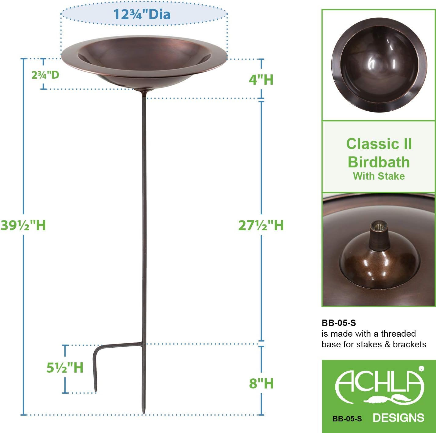 Achla Designs Classic II Copper Birdbath with Stake