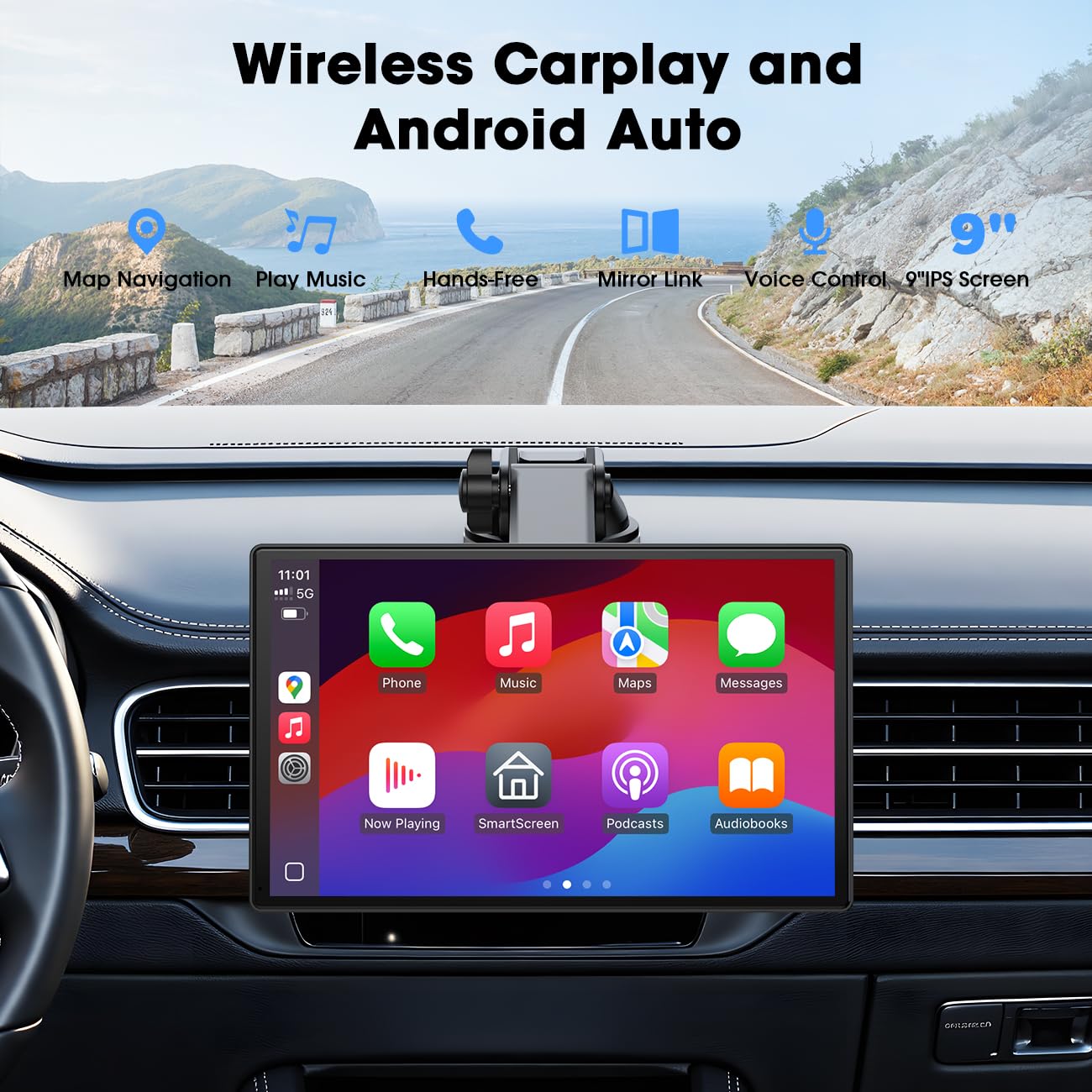 LAMTTO bezprzewodowy wyświetlacz CarPlay do A-pple CarPlay i Android Auto, przenośne radio samochodowe z ekranem dotykowym 22.9 cm, wyświetlacz CarPlay z nawigacją/Bluetooth/Mirror Link/Siri i G00gle