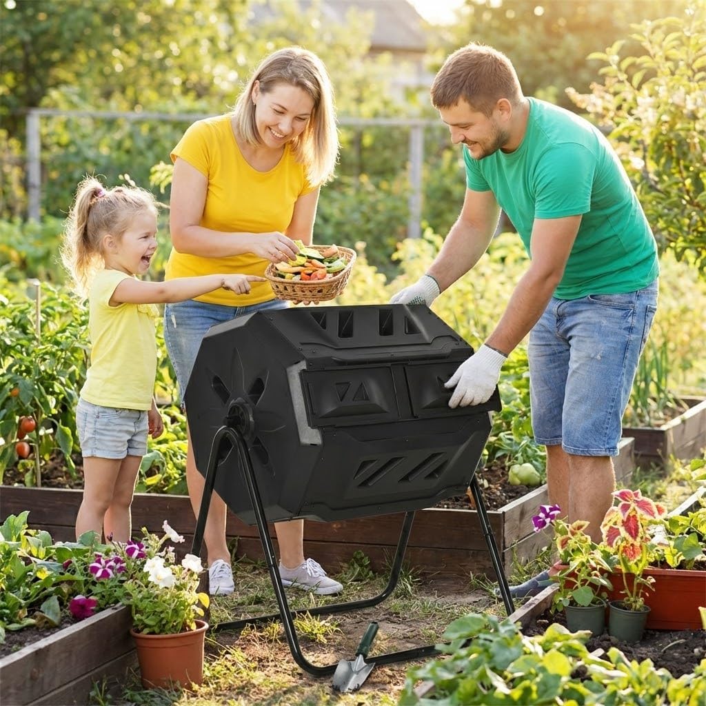 Indoor Compost Bin with Charcoal, Outdoor Composting Bins Kitchen Food Waste Container, Odor-Control Compost Tumbler Composting Pail for Countertop, Includes Two Carbon for HOM