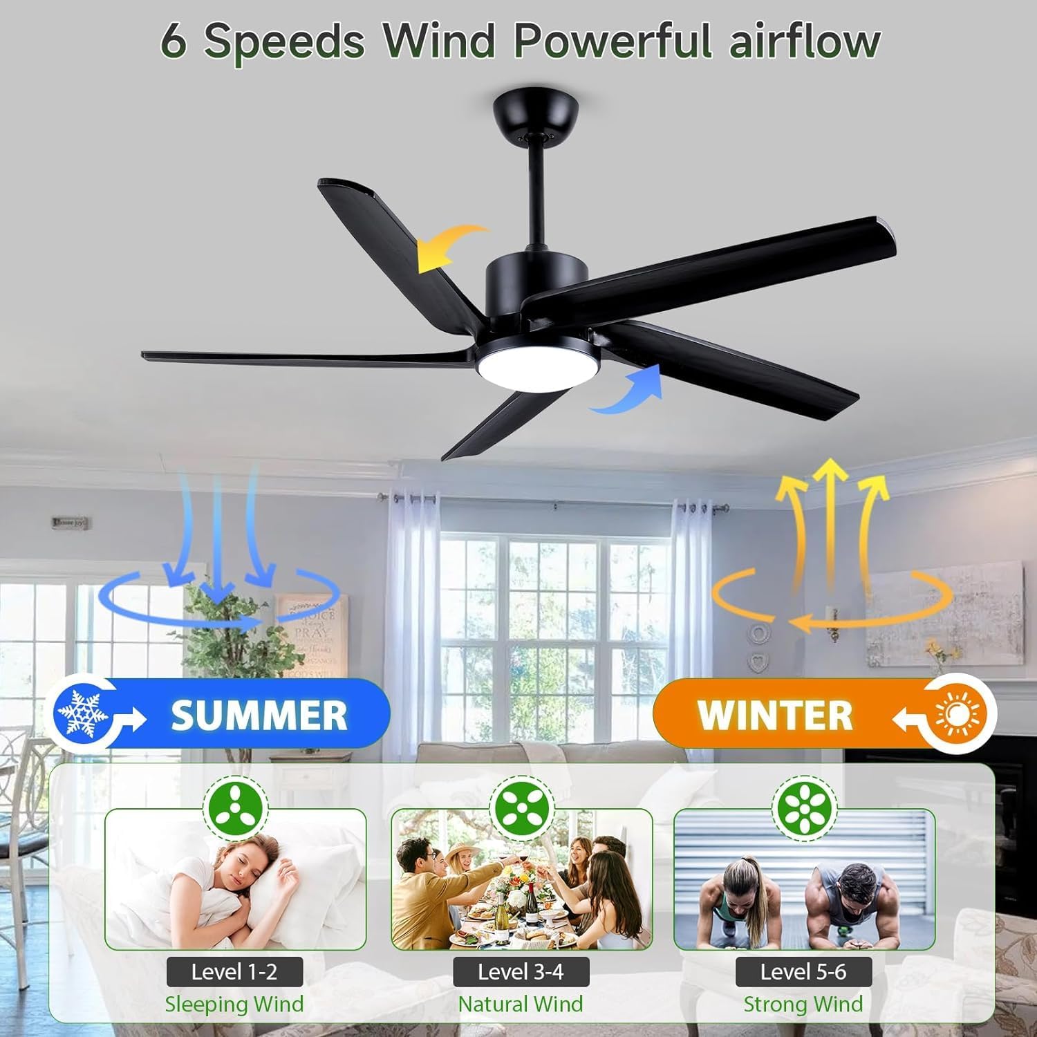 52 Inch Outdoor Ceiling Fans for Patios with Lights, Modern Black Ceiling Fan with Remote 5 Wood Blades Reversible DC Motor Ceiling Fan for Bedroom Living Room Gazebo Farmhouse