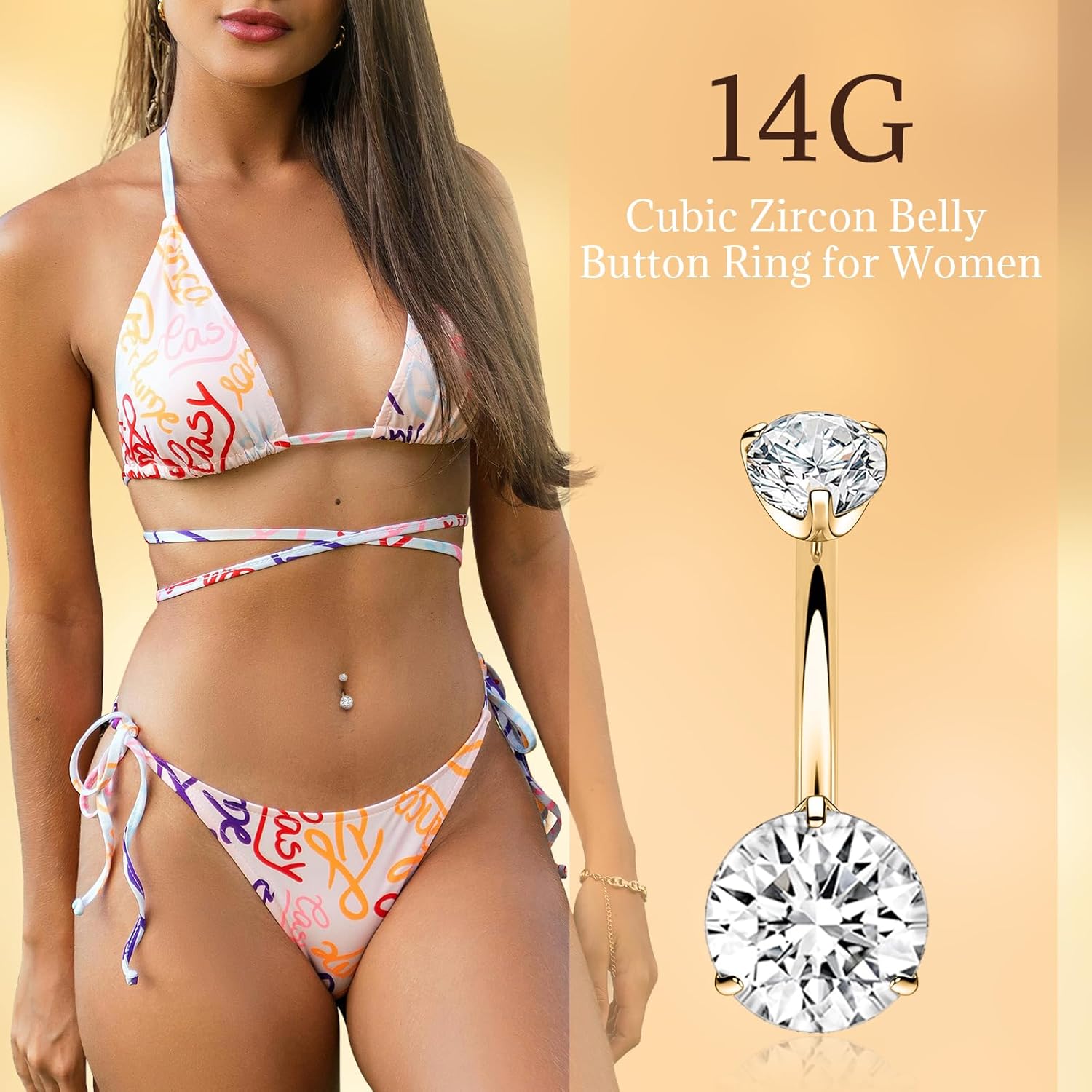 PEAKLINK Titanium Belly Button Ring 14G Belly Jewelry Navel Bar Internally Threaded Belly Barbell with Double Cubic Zircon Navel Jewelry Navel Belly Piercing for Women 8 10 12 14mm - Image 6