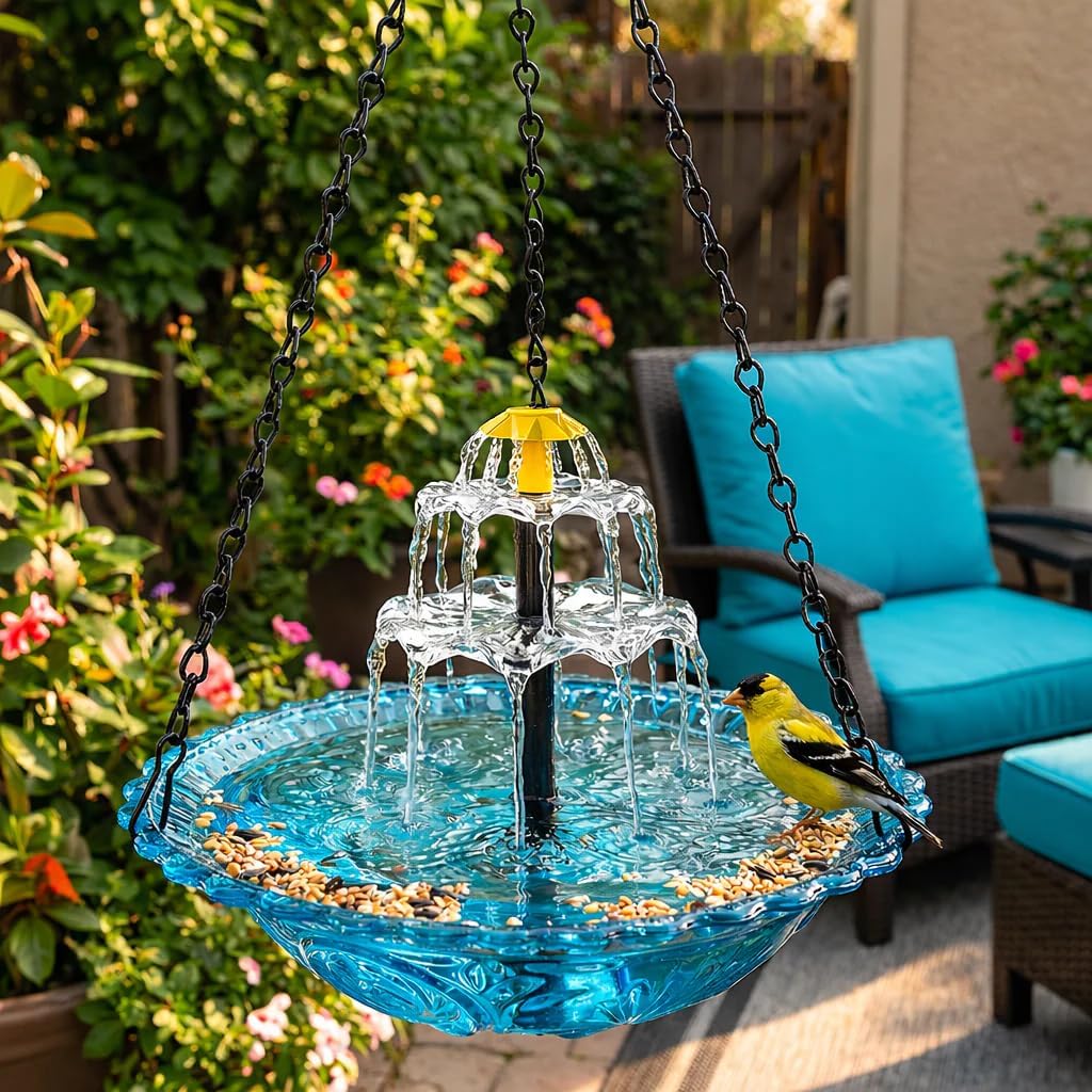 Solar Cascade Hanging Bird Bath Fountain-2026 Outdoor Hanging Bird Bath with Solar Fountain, Large Humming Birds Baths Fountains for Outdoor Garden Backyard Patio Lawn (Blue, Solor B)
