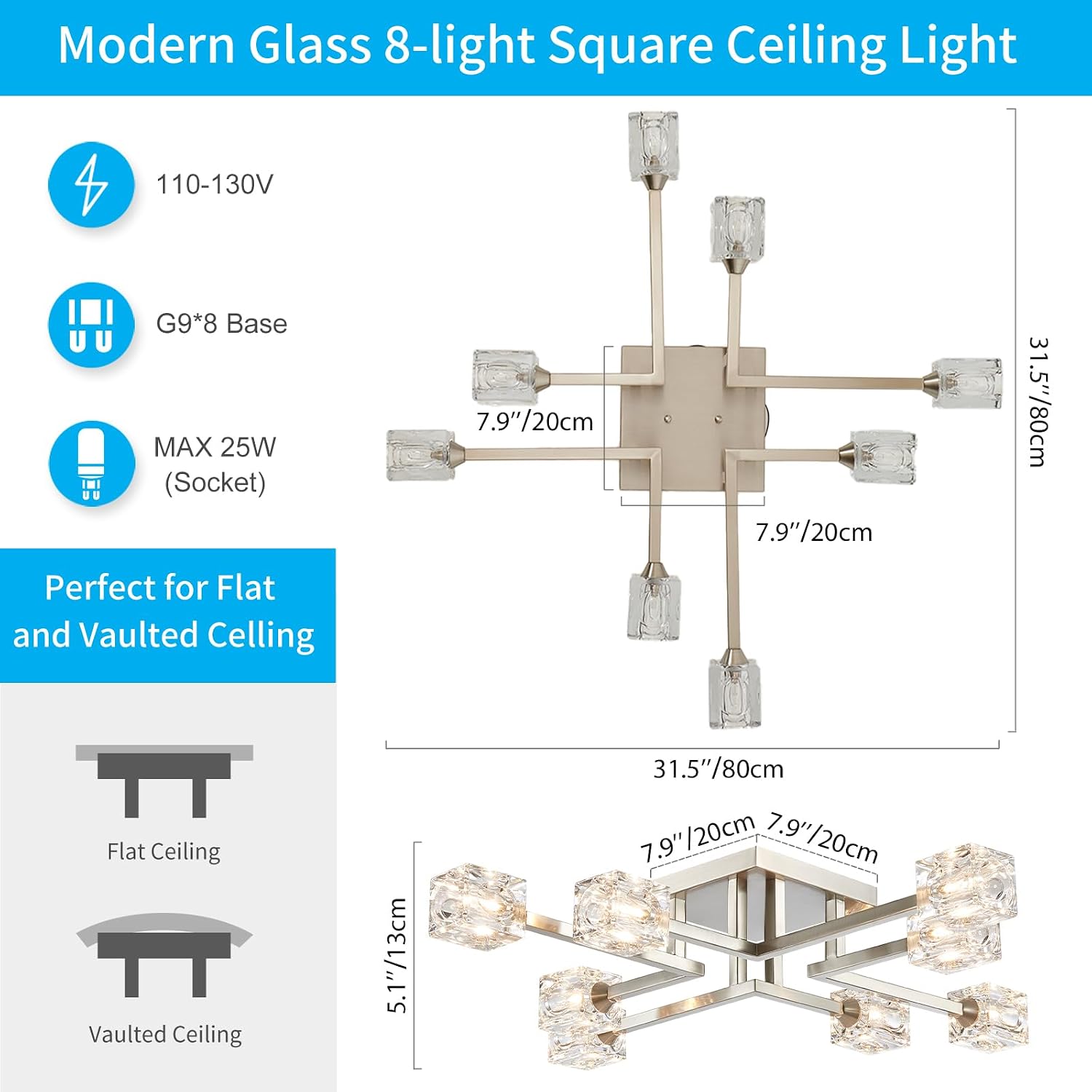 XINGQI 8-Lights Semi Flush Mount Ceiling Light Fixture, Modern Chandelier Brushed Nickel Lighting Fixtures Sputnik Chandeliers for Dining Room Living Room Kitchen Bedroom Entryway