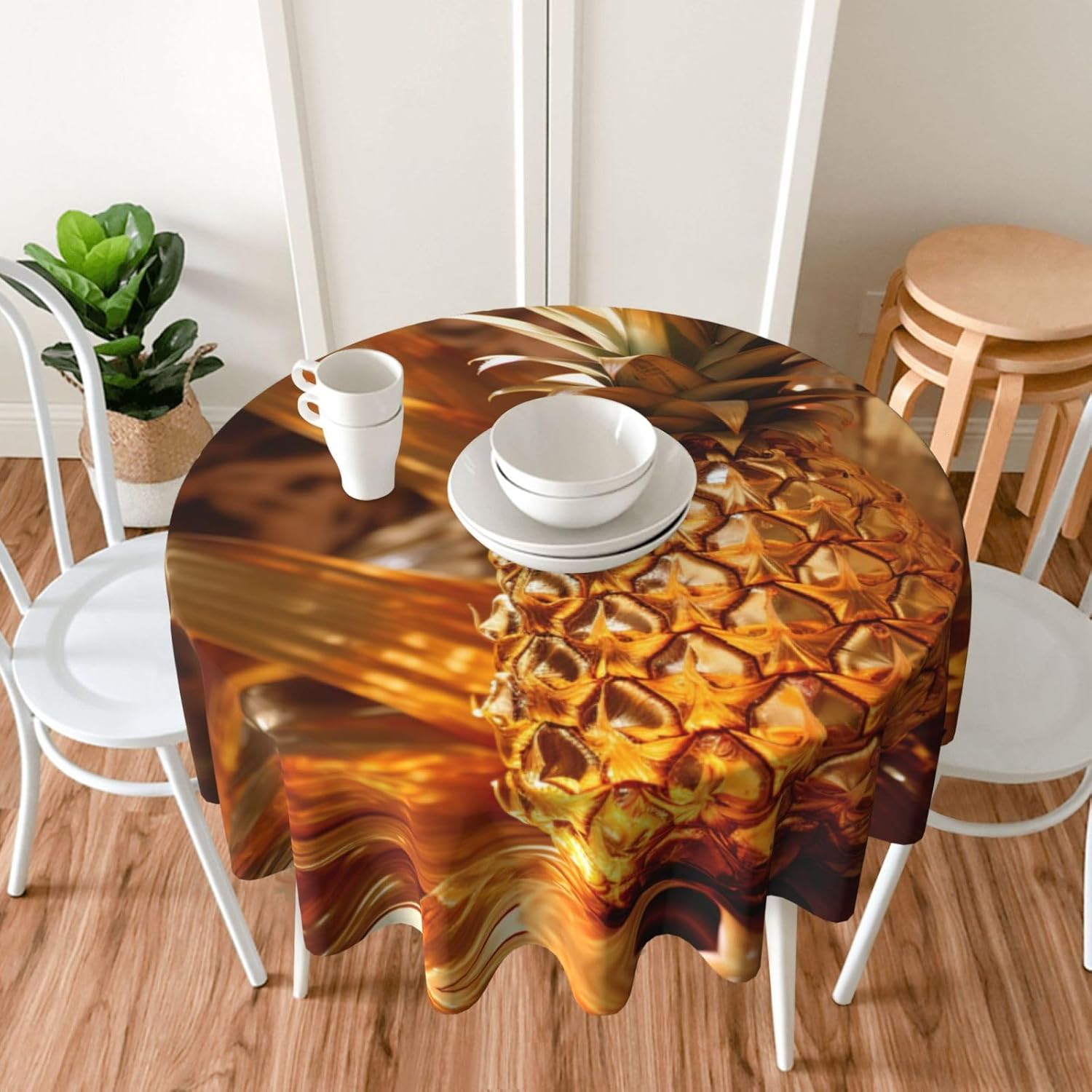 Golden Pineapple Print Wrinkle Free Dining Table Cover for Birthday Party Farmhouse Tablecloths Up to 60 x 60 Inches