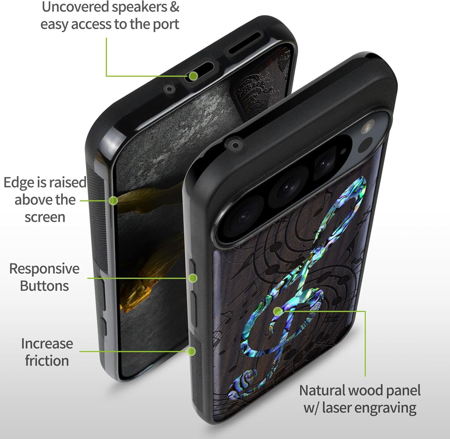 Carveit Magnetic Wooden Case for Pixel 9 Pro / 9 Pro Case, Wood Artisan Engraved & Handmade Shell Inlaid, Compatible with MagSafe Wireless Chargers, Musical Note - Blackwood