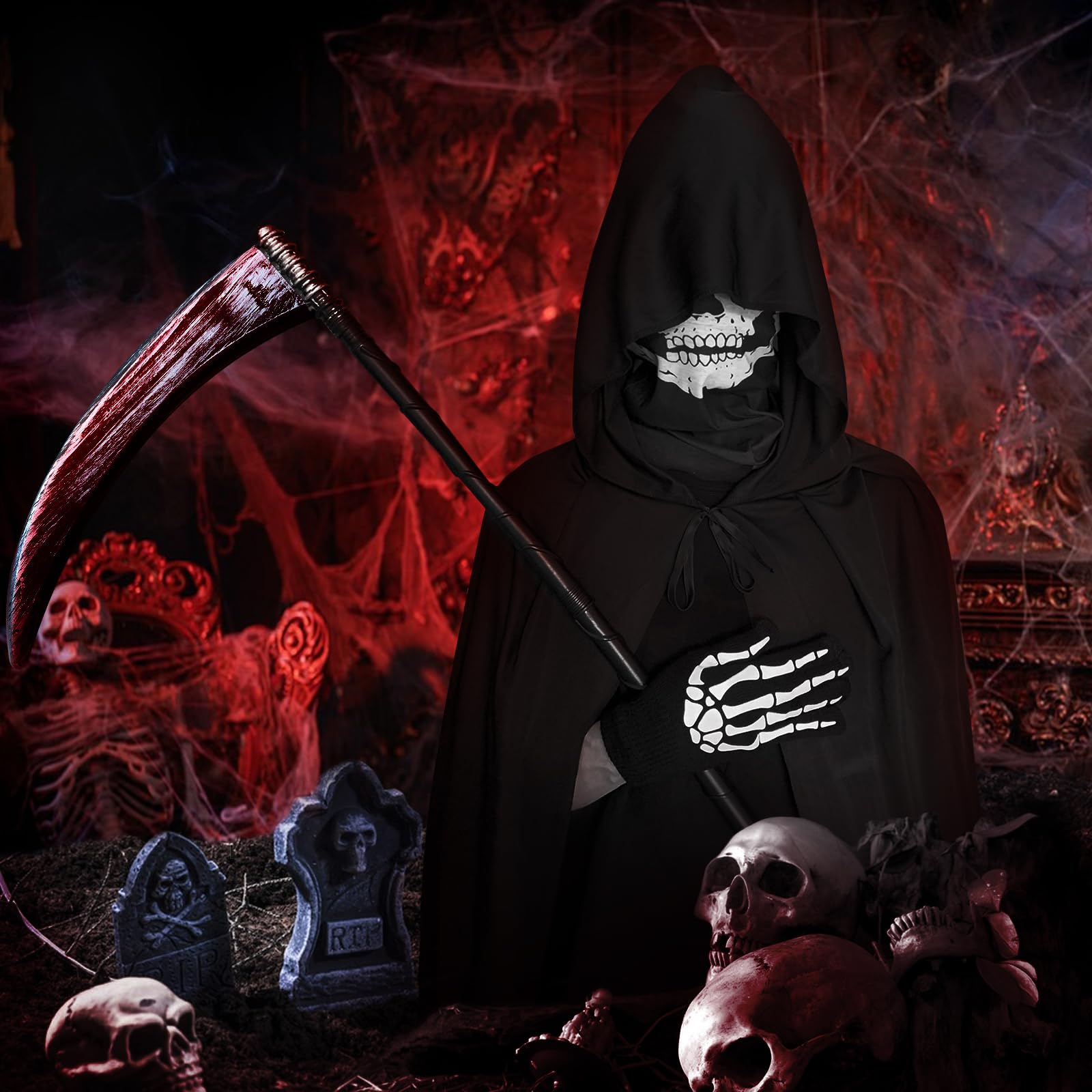 COSBERY Grim Reaper Costume Kids Adult, Boys Mens Halloween Costume Black Cloak with Hood Scythe Skeleton Mask Gloves - Image 2