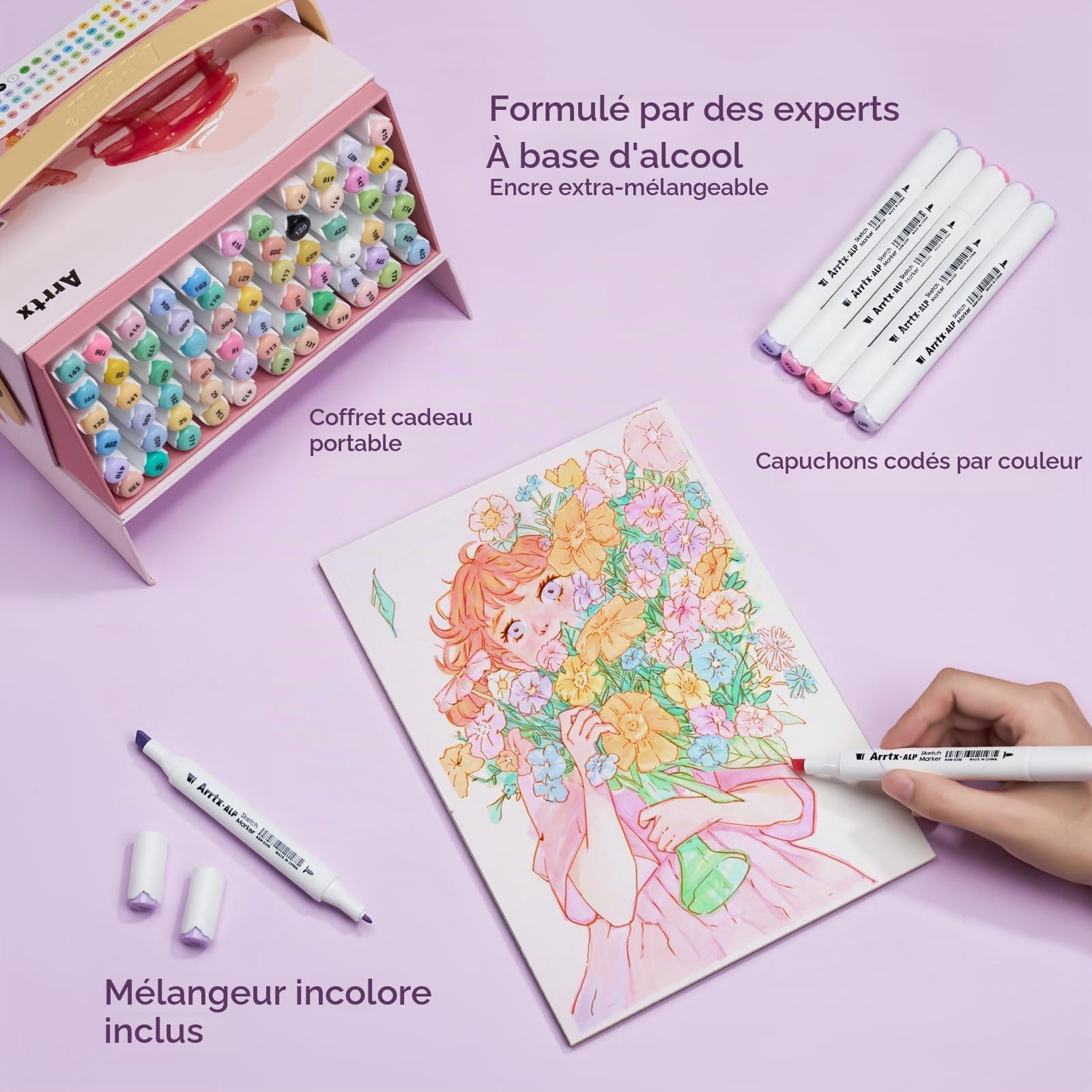 Arrtx ALP Lot de 66 marqueurs pastel à alcool à pointe fine et biseautée, adaptés pour la peinture, le coloriage, le dessin, les croquis, les illustrations, les marqueurs à base d'alcool, les stylos