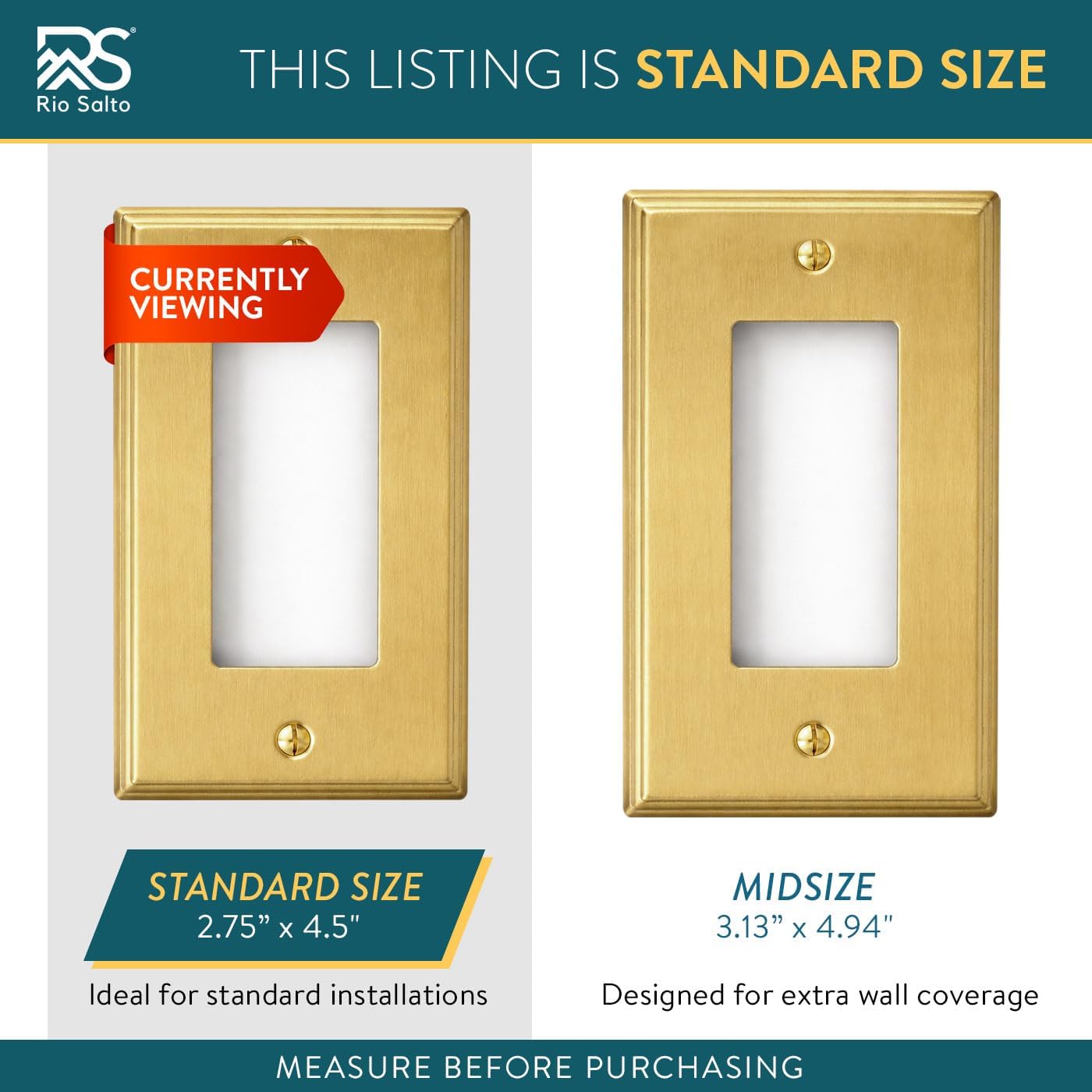 Rio Salto BRASS Modern Metal Gold Light Switch Wall Plate or Outlet Cover Wall Plate Single Receptacle Wallplate Rocker Covers 1 Gang Decoration Brushed Brass 4.50" x 2.76" Standard Size