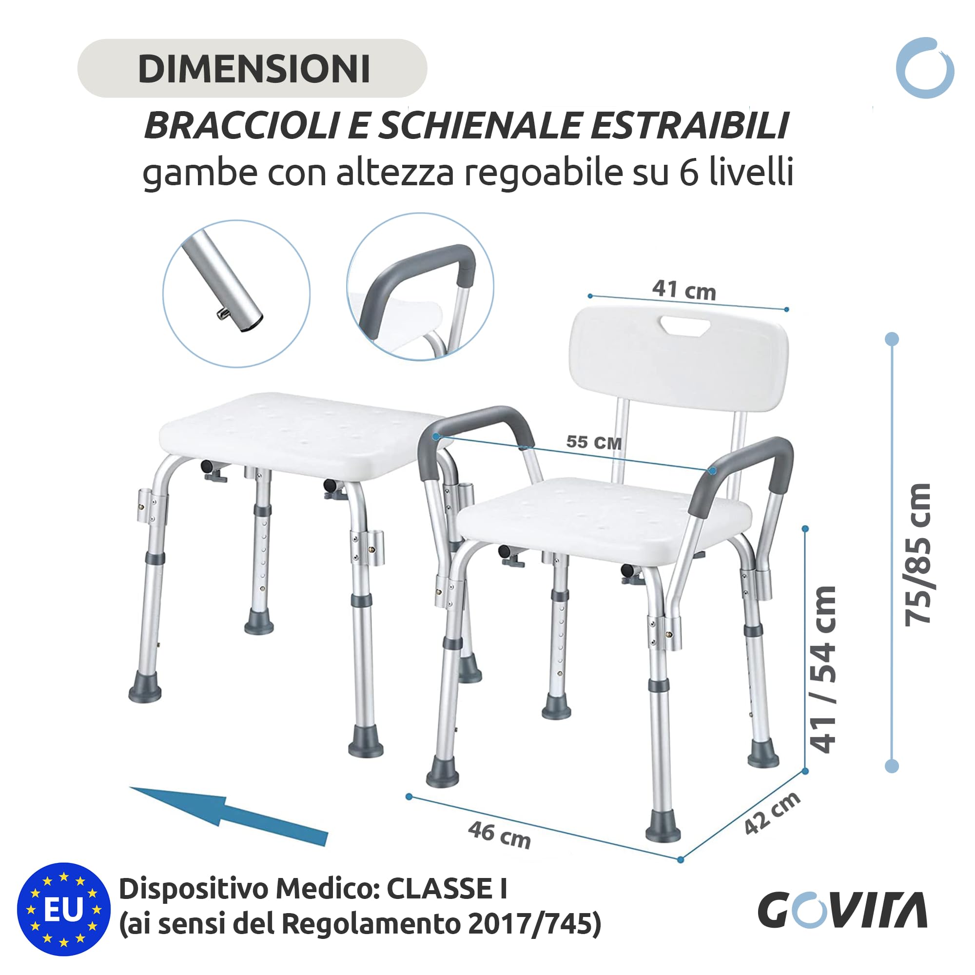 Rehab - Sedia da doccia con schienale e braccioli estraibili - sedile da doccia da vasca, sedia regolabile in altezza - Ausilio Supporto per Anziani