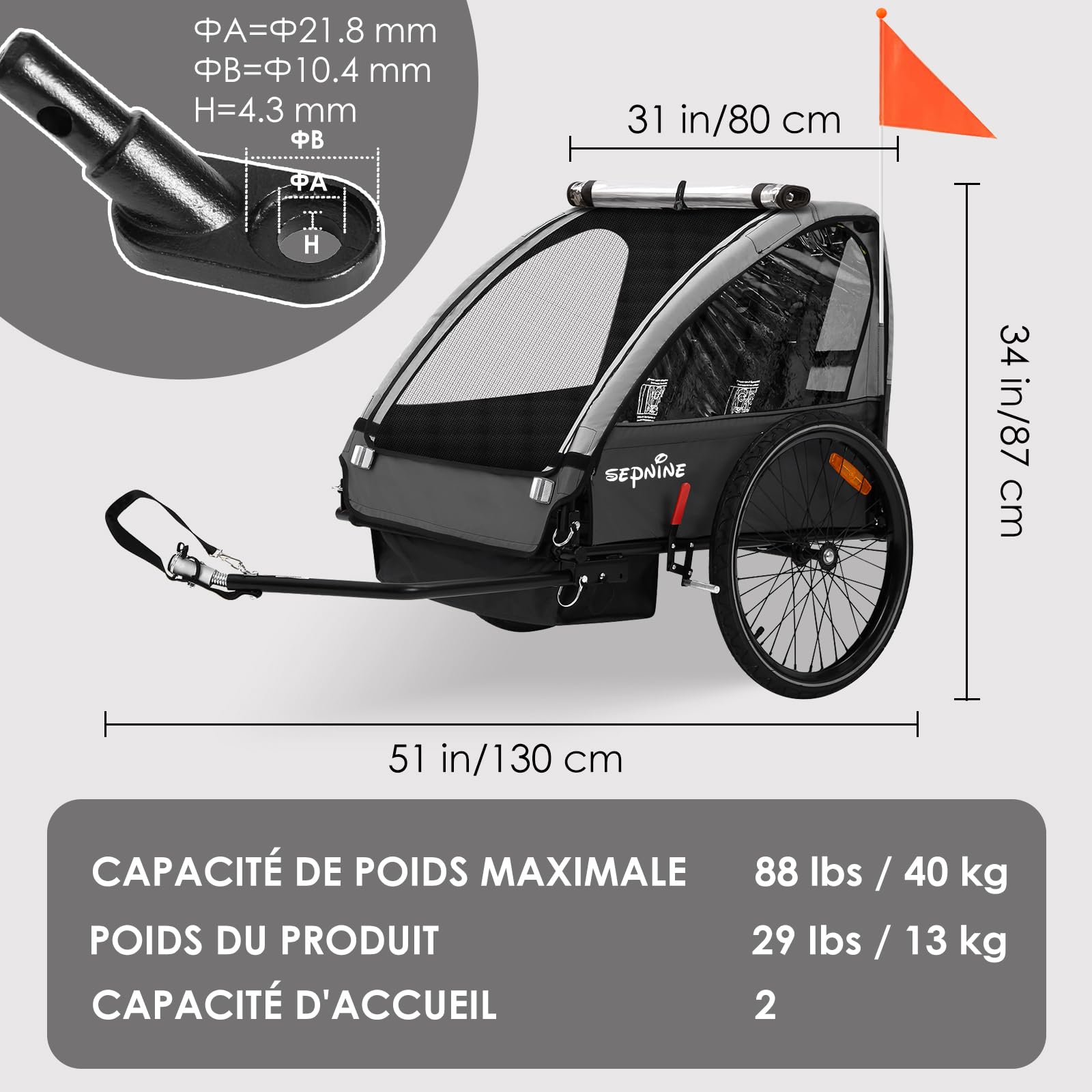 SEPNINE Remorque pour Enfant, 2 Places, véhicule Tout-Terrain pour Enfant, Ceinture de sécurité intégrée, Pliable avec Frein à Main, pour 1 à 2 Enfants de 40 kg Maximum