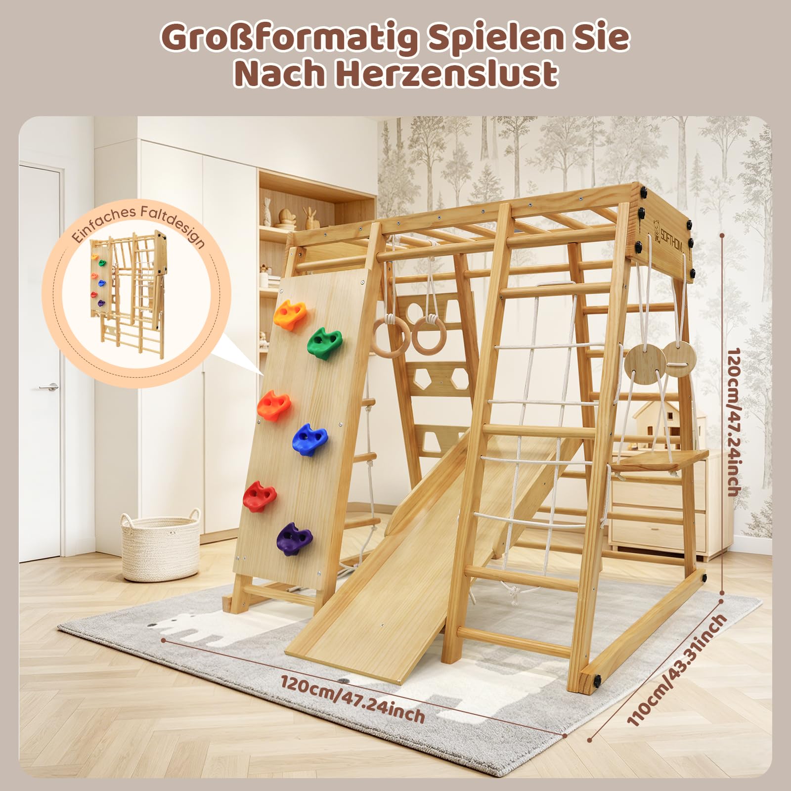 Klettergerüst Indoor, Groß&Klappbar, 10 in 1 Multifunktional Outdoor Spielplatz für Kinder, Wasserdicht&Pflegeleicht, Montessori Klettergerüst ab 1 Jahr, Schaukel, Kletterdreieck, Natur&Holz