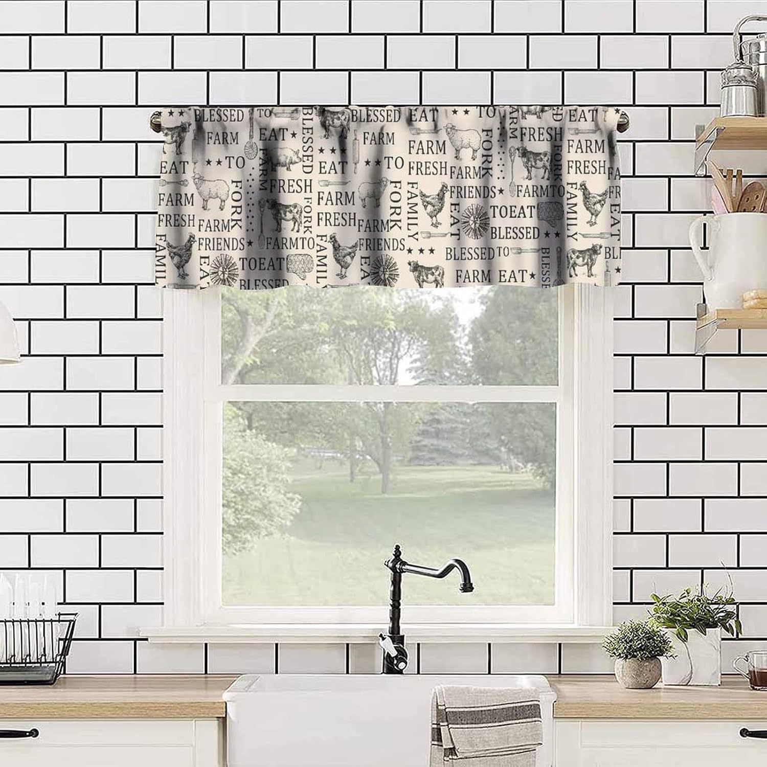 Farmhouse Kitchen Valance,Rustic Lodge Western Farm Retro Animals Cow Pig Printed Country Vintage Cabin Small Short Window Valance for Bedroom Living Room,54x18 Inch