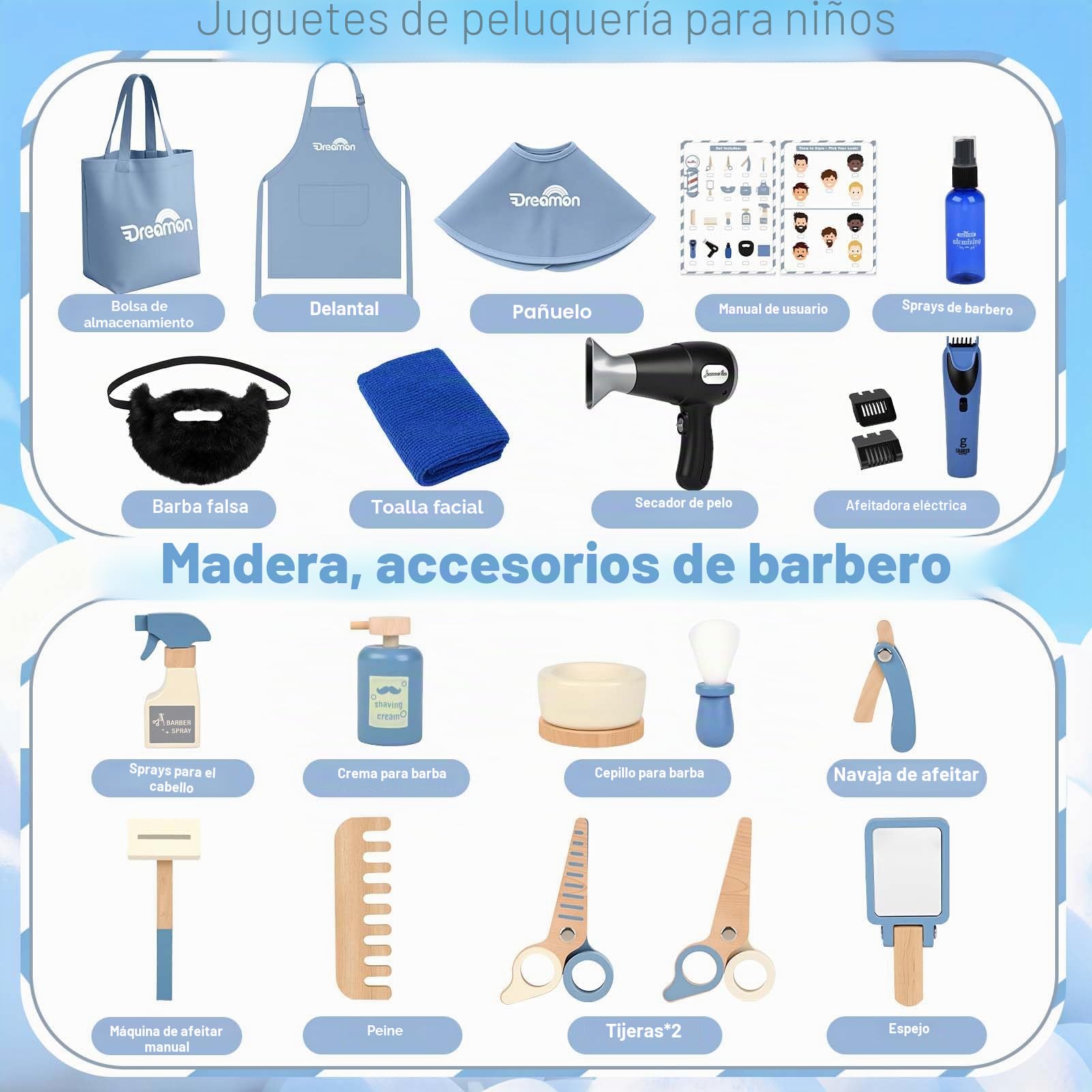 Dreamon Set de Peluquería Infantil de Madera, con Secador de Pelo Maquinilla de Afeitar Barba Postiza Delantal y Bolsa de Almacenamiento Regalo para Niños de 3 4 5 6 Años