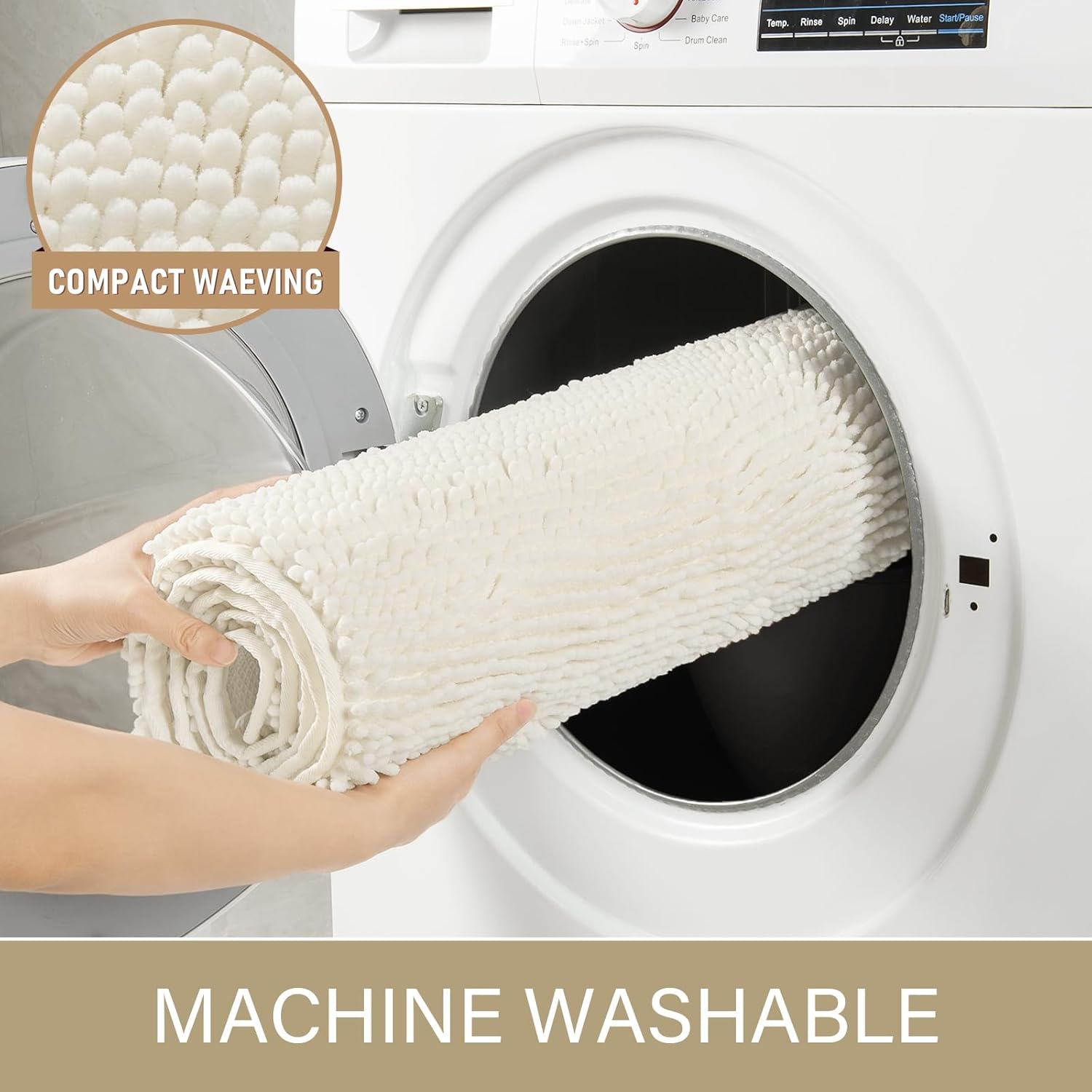 LOCHAS Luxury Bathroom Rug Shaggy Bath Mat 24 x 60 Inch, Washable Non Slip Bath Rugs for Bathroom Shower, Soft Plush Chenille Absorbent Carpets Mats, Cream White - Image 6