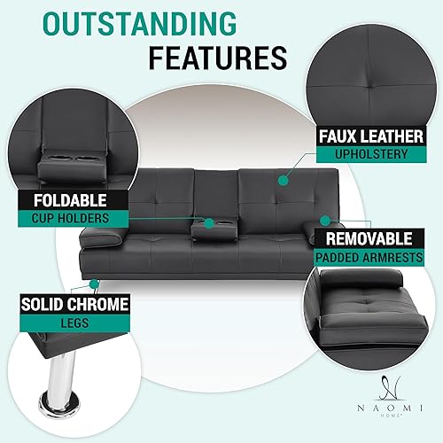 Miniatura 4 de Naomi Home Diseño de perfil bajo: sofá cama plegable convertible para sala de estar, sofá futón tapizado de piel sintética con reposabrazos, patas