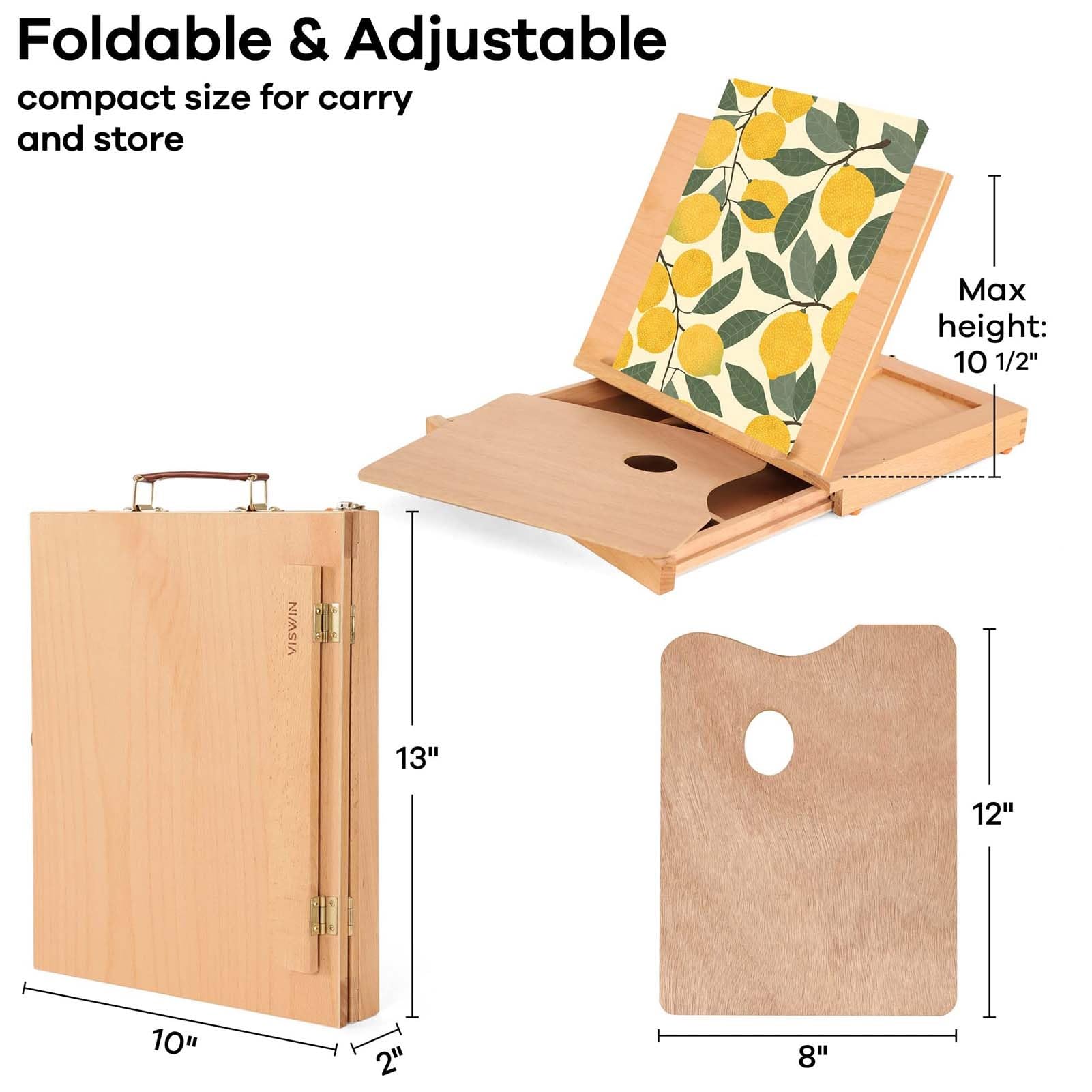 THEGA Große Tischstaffelei Mit 3 Schubladen, Verstellbare Tischstaffelei Aus Buchenholz Zum Malen, Tragbare Skizzenbox Für Künstlerbedarf, Reisestaffelei Für Erwachsene(with 1 Drawer+Wood Palette)