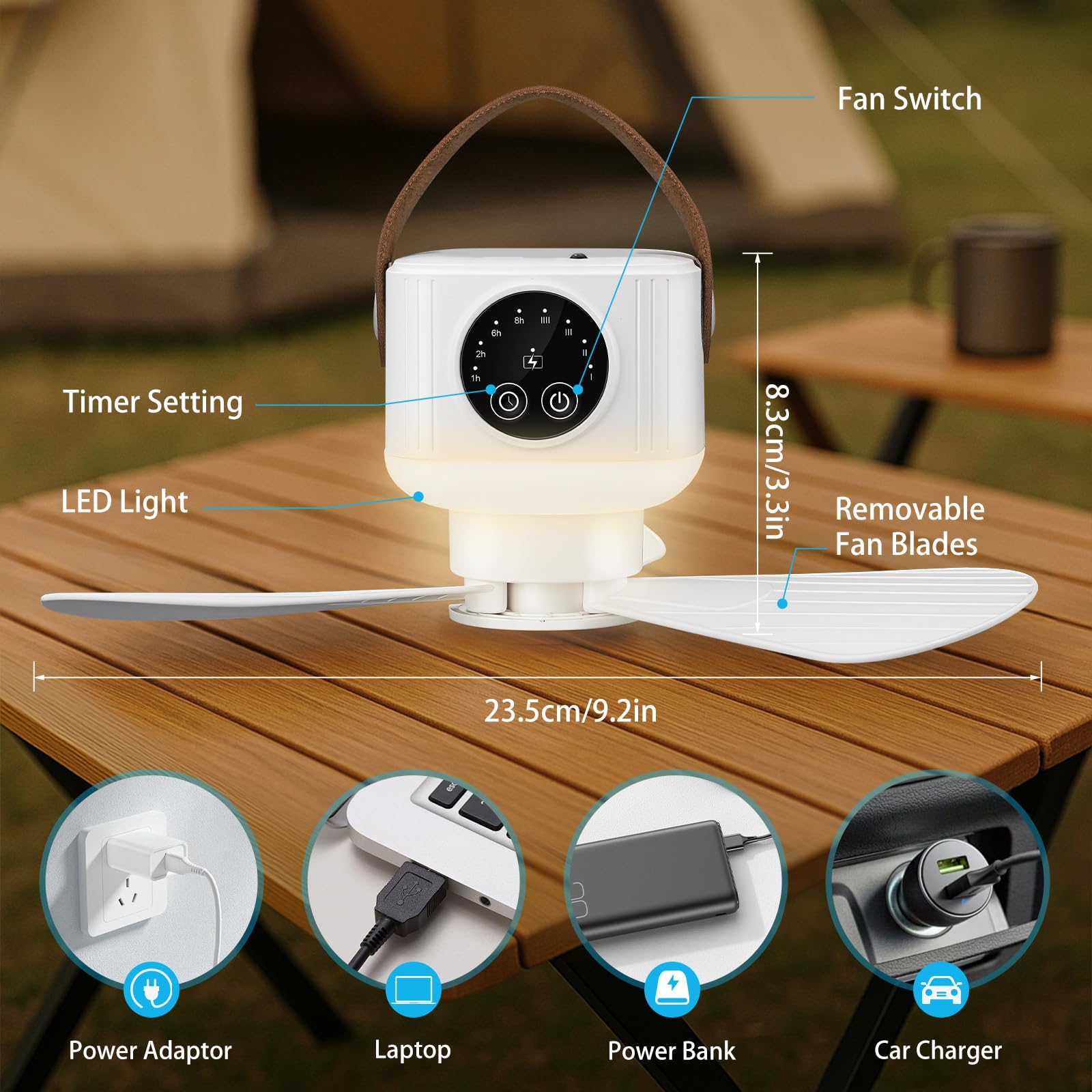 LED Campinglampe mit Ventilator, 7200 mAh Zelt Ventilator mit Licht, Zelt lampe Lanterne Outdoor Camping Zubehör Abnehmbare Ventilatorflügel, Aufhängehaken, Timer und Stativ