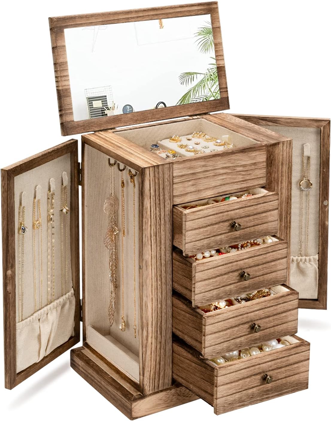 Jewelry Box for Women, 5 Layer Large Wood Jewelry Boxes & Organizers for Necklaces Earrings Rings Bracelets, Rustic Jewelry Organizer Box with Drawers and Mirror(Carbonized Black)